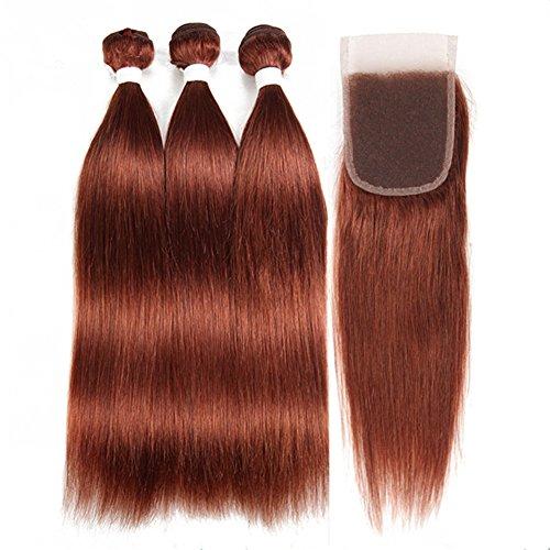 Tony beauty hair Tony Beauty Hair Copper Red Virgin Brazilian Human Hair Bundles with Top Closure Silky Straight #33 Dark Auburn Soft Hair Weaves 3 Bundle Deals with Lace Closure Piece 4x4 (14 14 14+14)