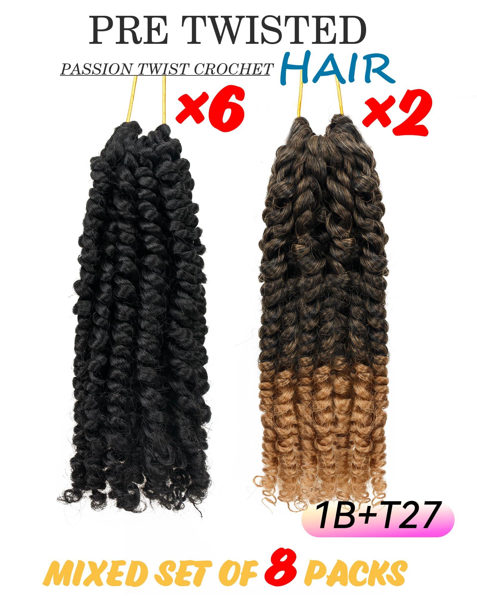 youngluchi Passion Twist 8 Inch Crochet Hair-Mixed Color Combo Pack(6 packs 1B+2 packs T1B/27),Pre-twisted Pre Looped Soft & Bouncy Synthetic Braided Hair Extensions For Black Women (8 Inch-8 Packs,1B+T27)