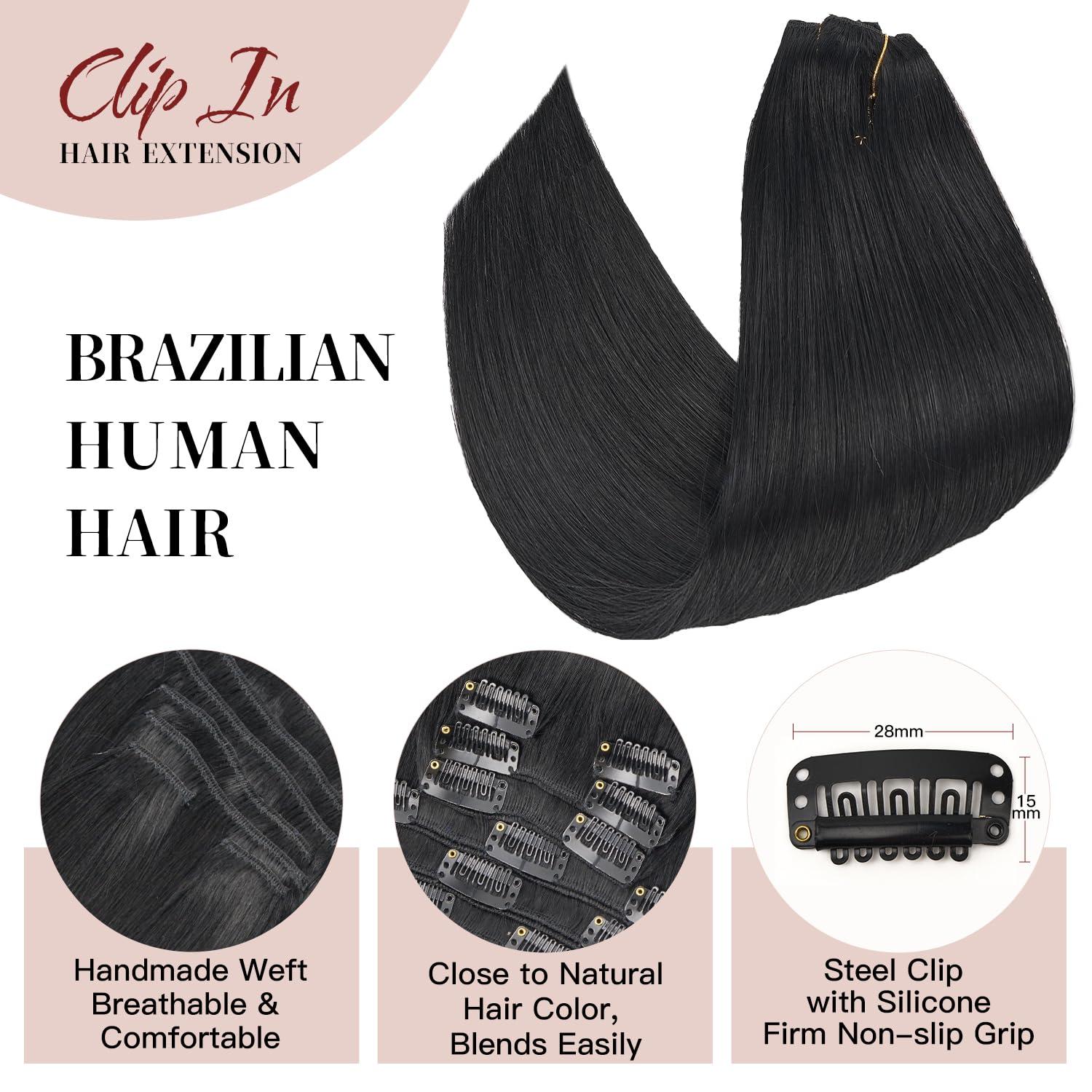 Loveline Loveline Clip In Hair Extensions 22 Inch Human Hair Clip in Real Human Hair Extension for Women Jet Black 120g 7 Pieces Per Set