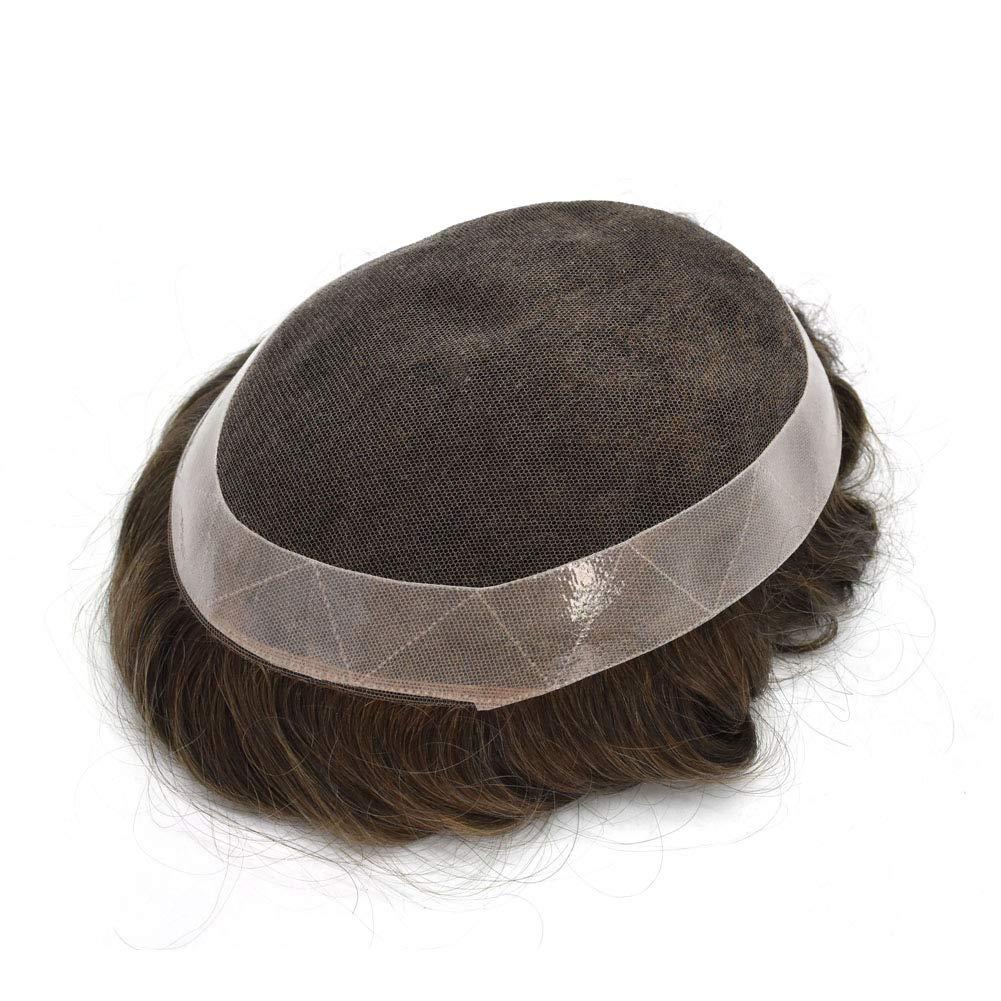 Generic French Lace Mens Toupee Remy Hair Replacement PU Around Human Hair System For Men Medium Light to Medium120% Density Hairpieces Invisible Knots Toupee for Men (7x9 Inch, 3# Dark Brown)