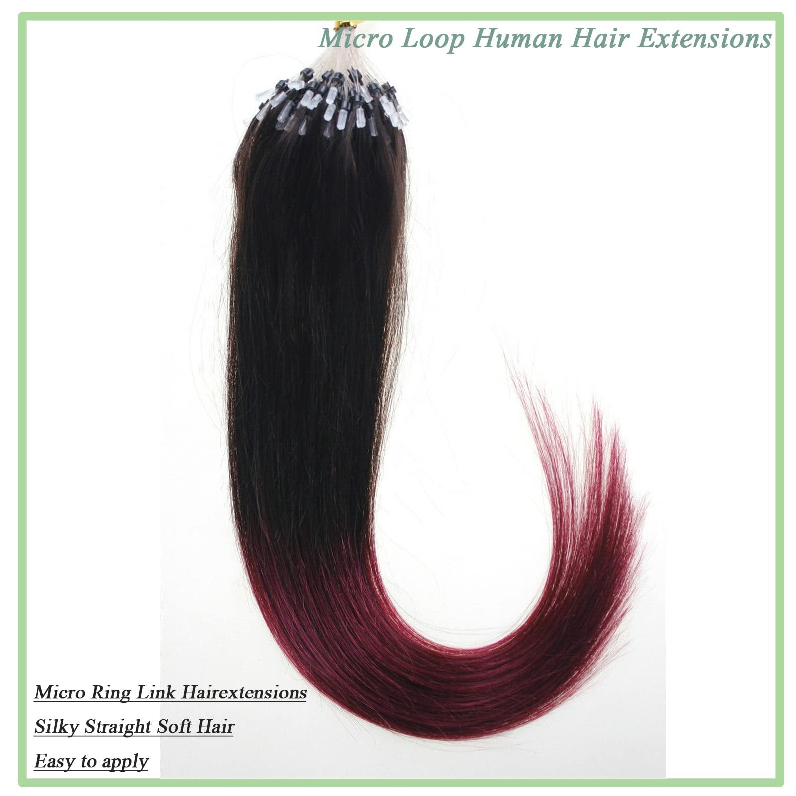 Yotty Yotty Micro Ring Human Hair Extensions Micro Beads Link Micro Loop Remy Hair Extensions Ombre Color Off Black to Burgundy Red 26inch 100strands per pack 50g