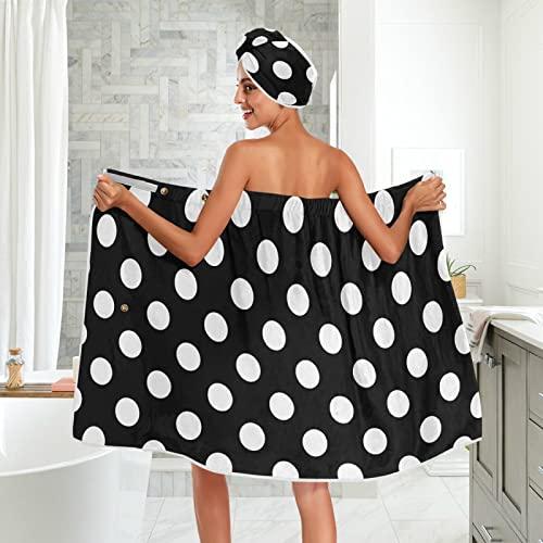 Qilmy Qilmy 3PCS Polka Dot Bath Towels Bathrobe Set for Women, Adjustable Wrap Drying Hair Cap Headband Bath Towel for Spa, Shower, Gym