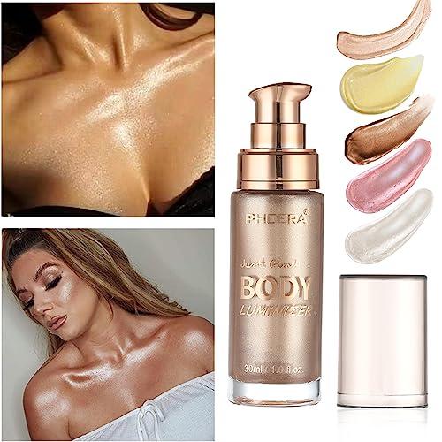Lezero Body Shimmer Oil, Waterproof Long Lasting Moisturizing Bronze Body Luminizer Glow For Face & Body, Liquid Illuminator Body Highlighter 1oz/Jars, Makeup Brush Include (Rose Gold #01)