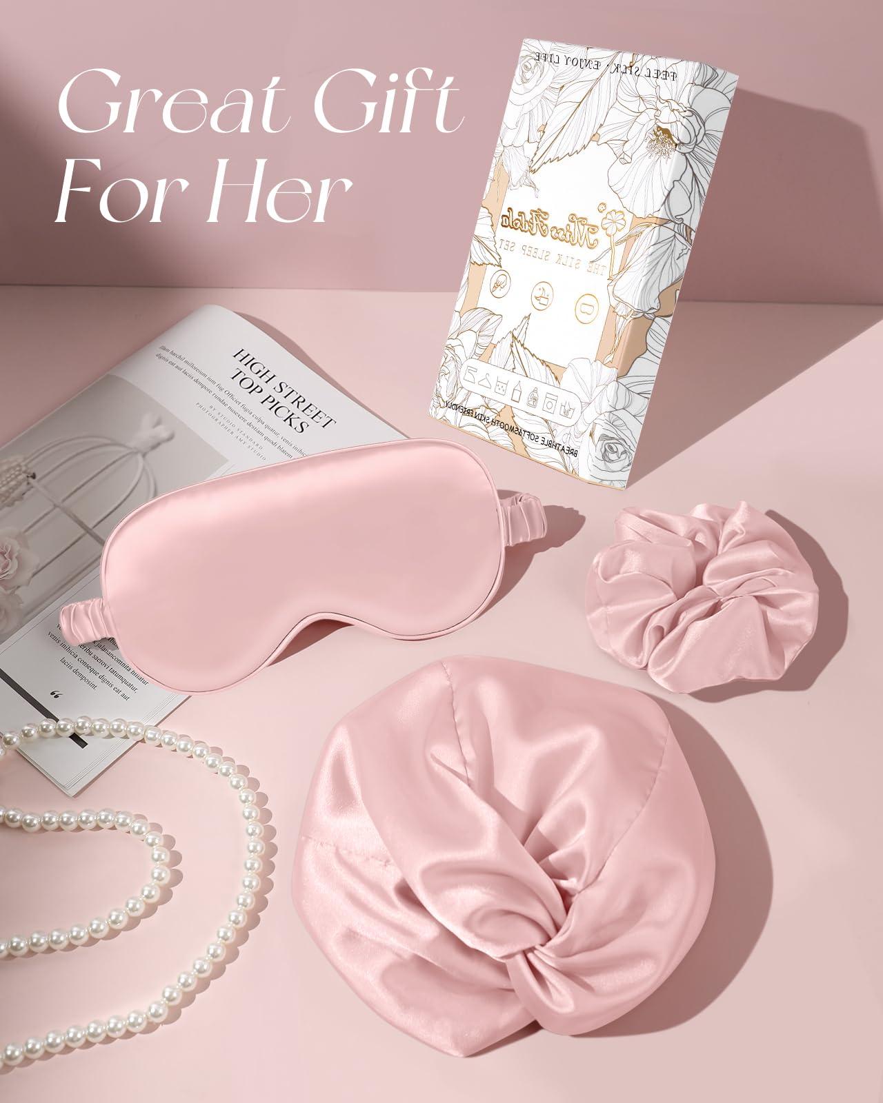 Miss Adola Miss Adola Silk Bonnet for Women - Mulberry Silk Sleep Cap for Hair Care with Eye Mask & Scrunchie 19 Momme Night Cap Sleeping Set with Elastic Stay On Head, Light Pk