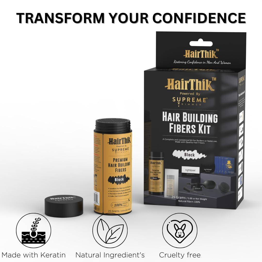 Supreme Trimmer Hair Building Fibers 8-in-1 Kit | includes 25G Keratin Fibers, Pump Nozzle, 2 Hairline Cards, S&L Shaker, Brush, Wipes, Mirror | Conceal Thicken Thinning Balding Hair | Men & Women (Black)