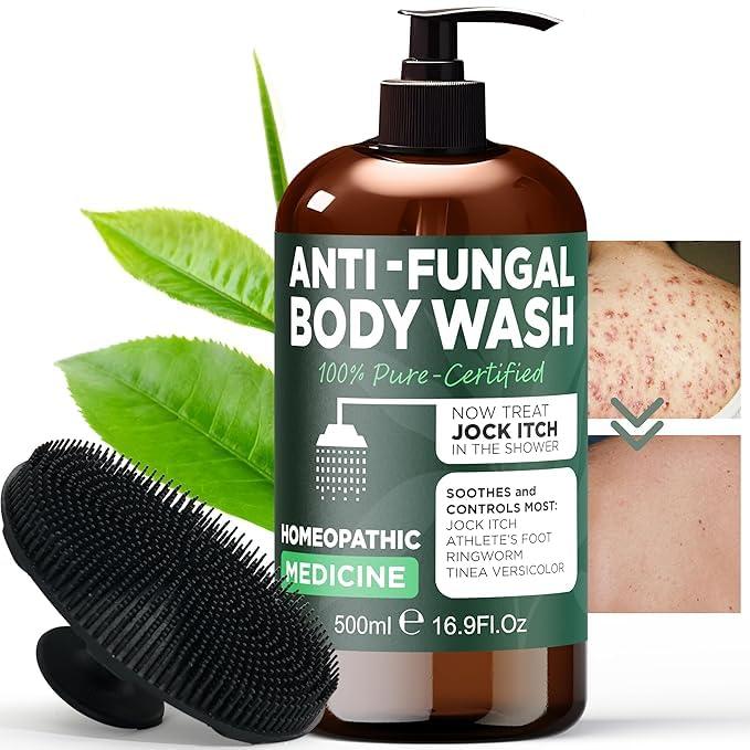 Terramed Just Think Comfort Antifungal Body Wash with Tea Tree Oil | Antibacterial Soap for Back Acne,Treats Ringworm, Eczema & Jock Itch | Antibacterial Body Soap For Men And Women | Includes Silicon Body Scrubber (16.9 oz)