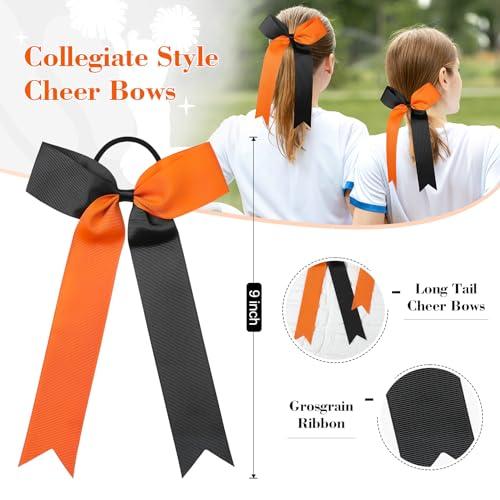 DEEKA DEEKA 16 PCS Collegiate Style Ponytail Holders - Long Tail Skinny Handmade Bows for Girls, Teens, Softball, Cheerleaders - Orange/Black