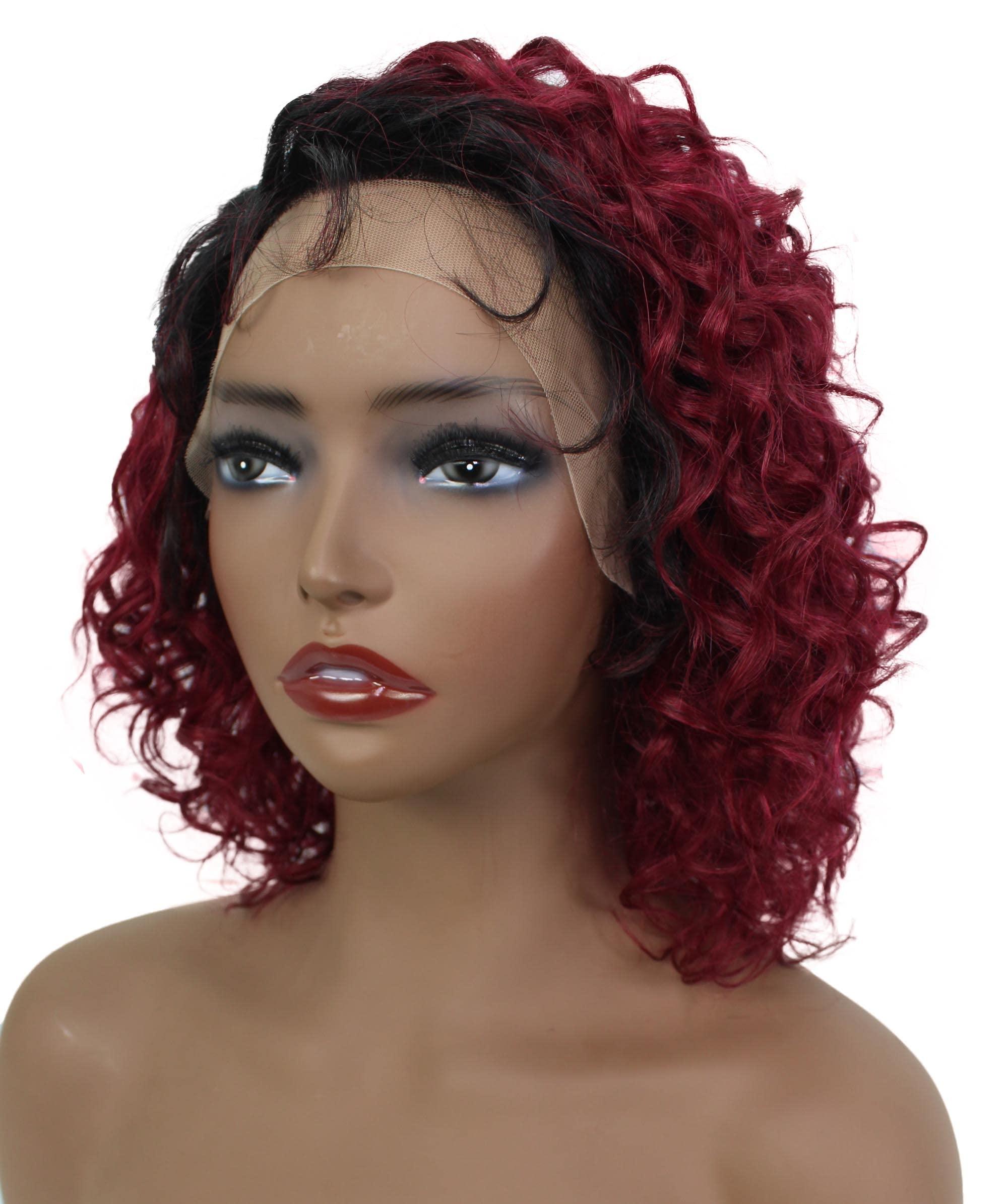 LUXLUXE LUXLUXE Lanelle Curly Jaw-Length Cut 11 in Long Side Part Wig, Heat Stylable Human Hair, BLH-0007 (Black to Red Blend)