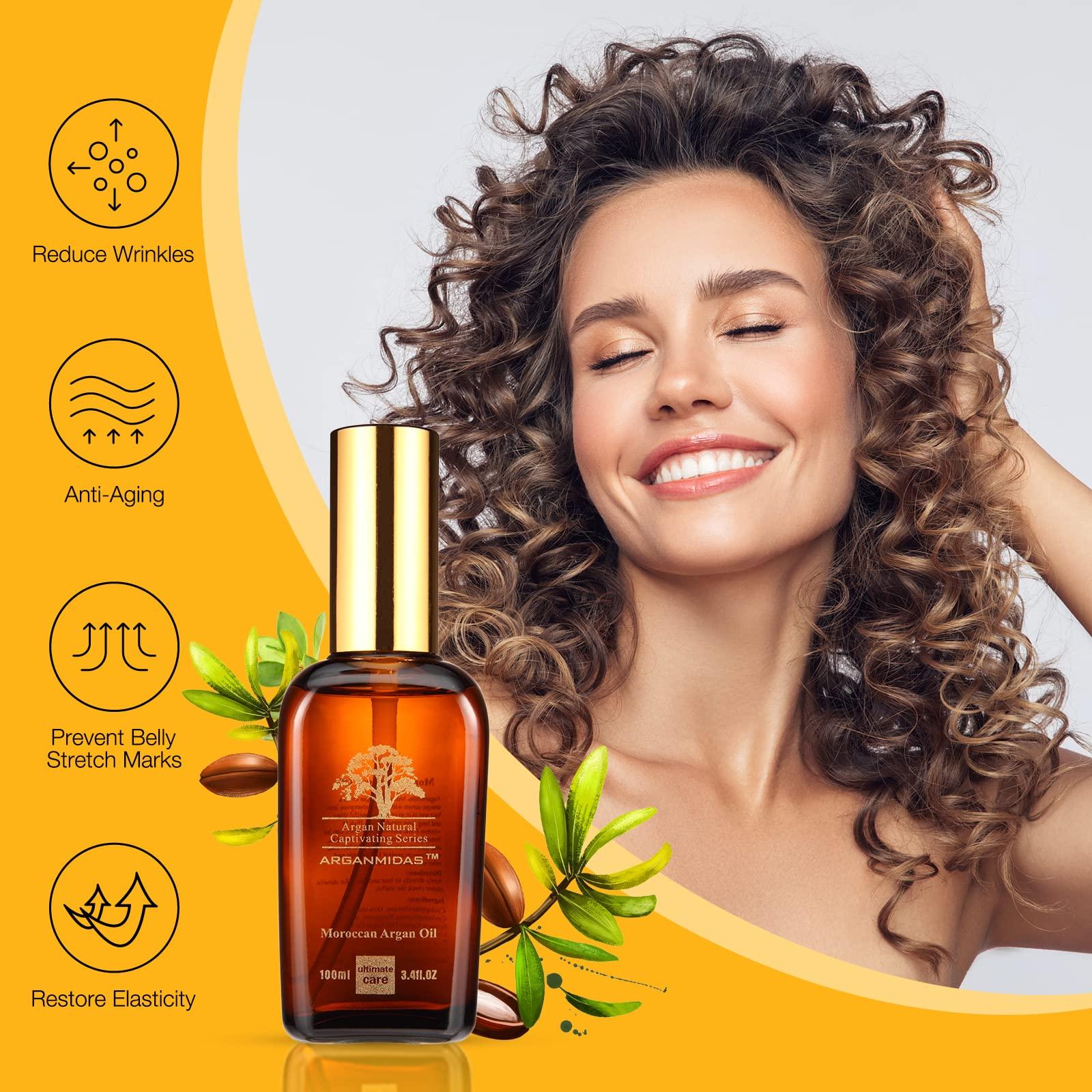 ARGANMIDAS ARGANMIDAS Hair Oils, Moroccan Argan Oil for Hair and Face Skin Moisturizer, Leave Hair Soft & Shiny, Hair Treatment oil for Men Women Dry Damaged Frizzy Hair, 3.4 Fl Oz