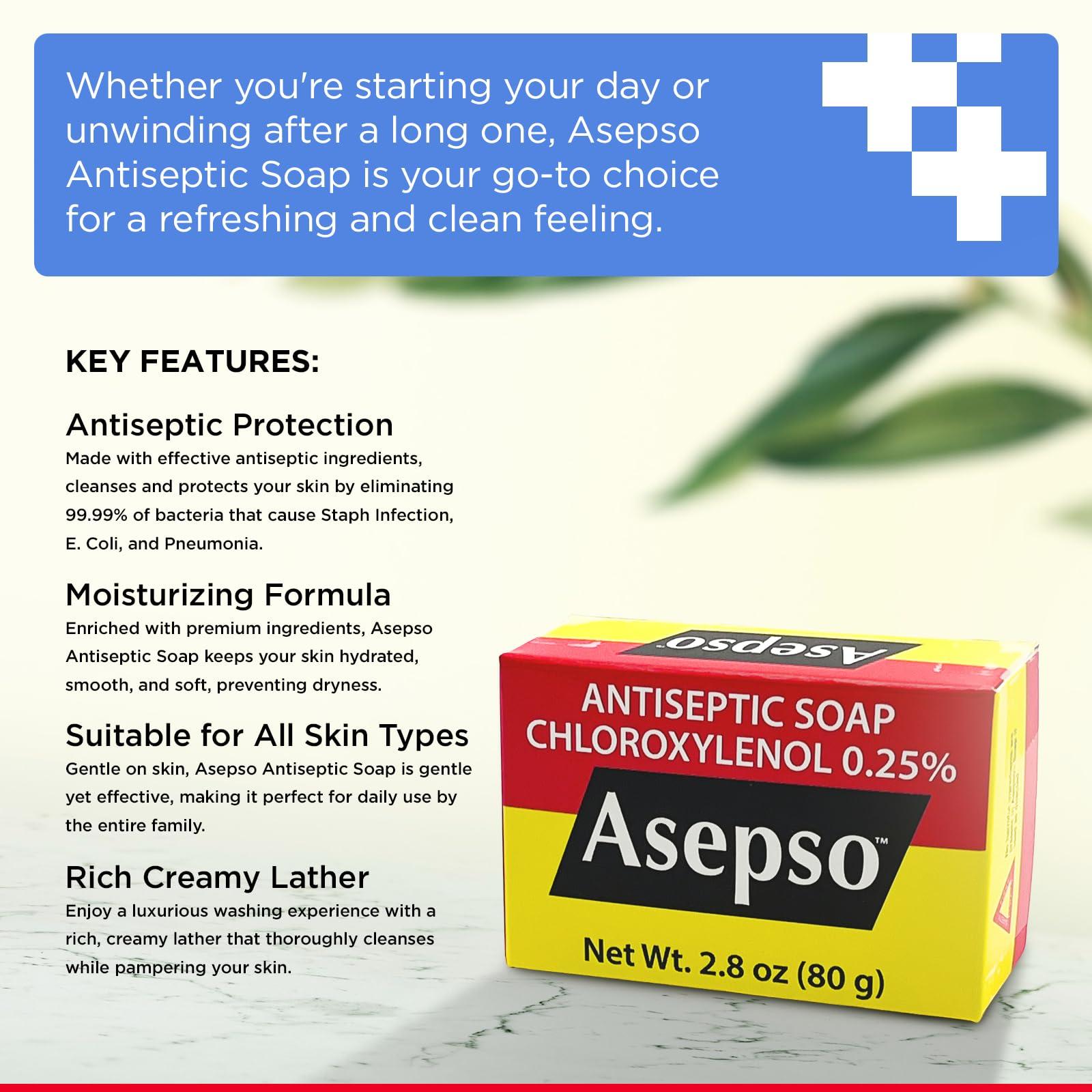 Asepso Asepso Antibacterial Original Bar Soap 4 Pack 80g/2.8 oz Each, Gentle Cleansing for Healthy Skin, Fight Skin and Heat Rash