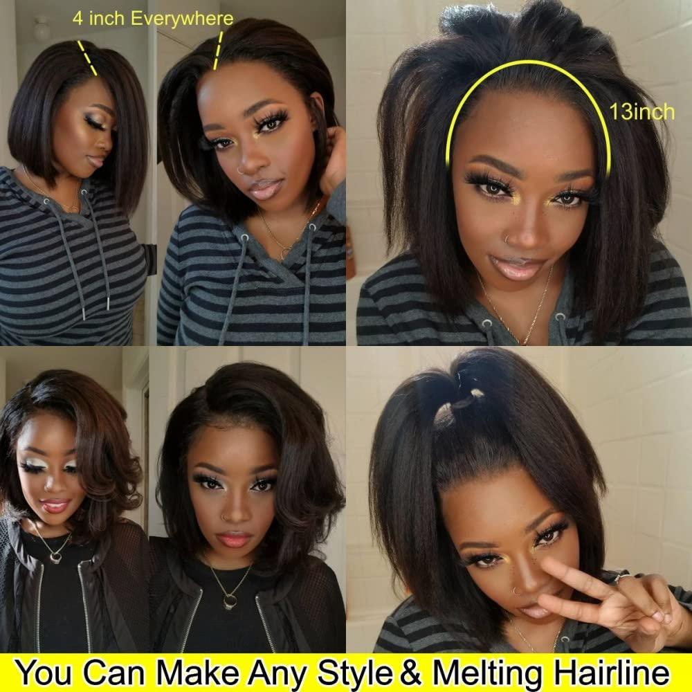 RHAH RHAH Glueless Italian Yaki Straight 13x4 HD Lace Front Wigs for Black Women 10 Inch Kinky Straight Human Hair Bob Wigs with Baby Hair Pre Plucked Bleached Knots 130% Density Free Parting