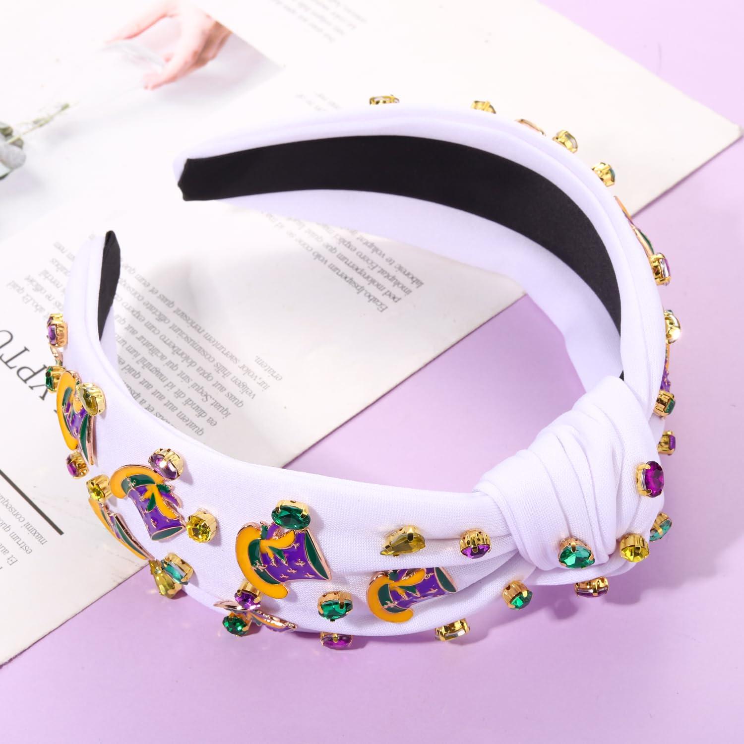 MOLOCH MOLOCH Mardi Gras Headband for Women Enamel Top Hat Knotted Headband Purple Yellow Green Carnival Crystal Headband Fat Tuesday Hair Accessories Gifts