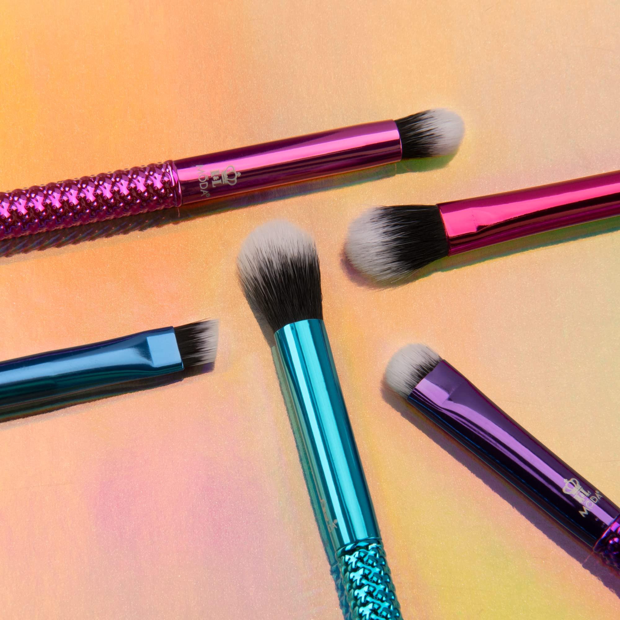 MODA MODA Pro 5pc Deluxe Eye Makeup Brush Kit, Includes - Shader, Crease, Detail, Smudger, and Liner Brushes (Multi-Colored Metallic)