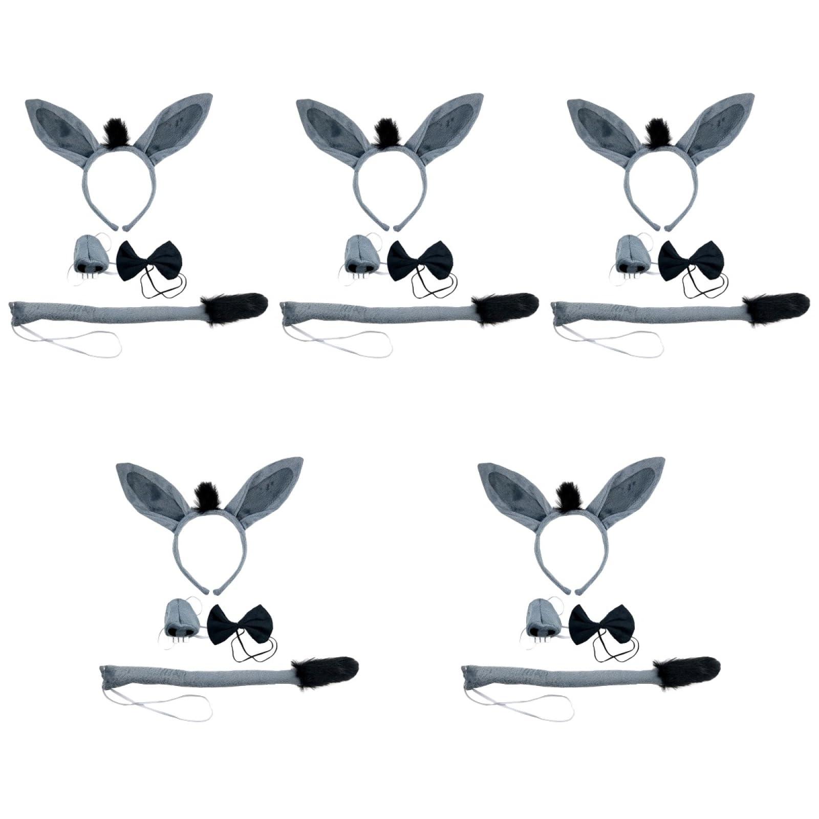 Ipetboom Ipetboom 5 Sets of 4 Pcs Donkey Costume Accessory Set, Donkey Ears Headband Tail Nose and BowTie for Halloween, Animal Birthday Party, Christmas, Cosplay Dress Up Party Decorations