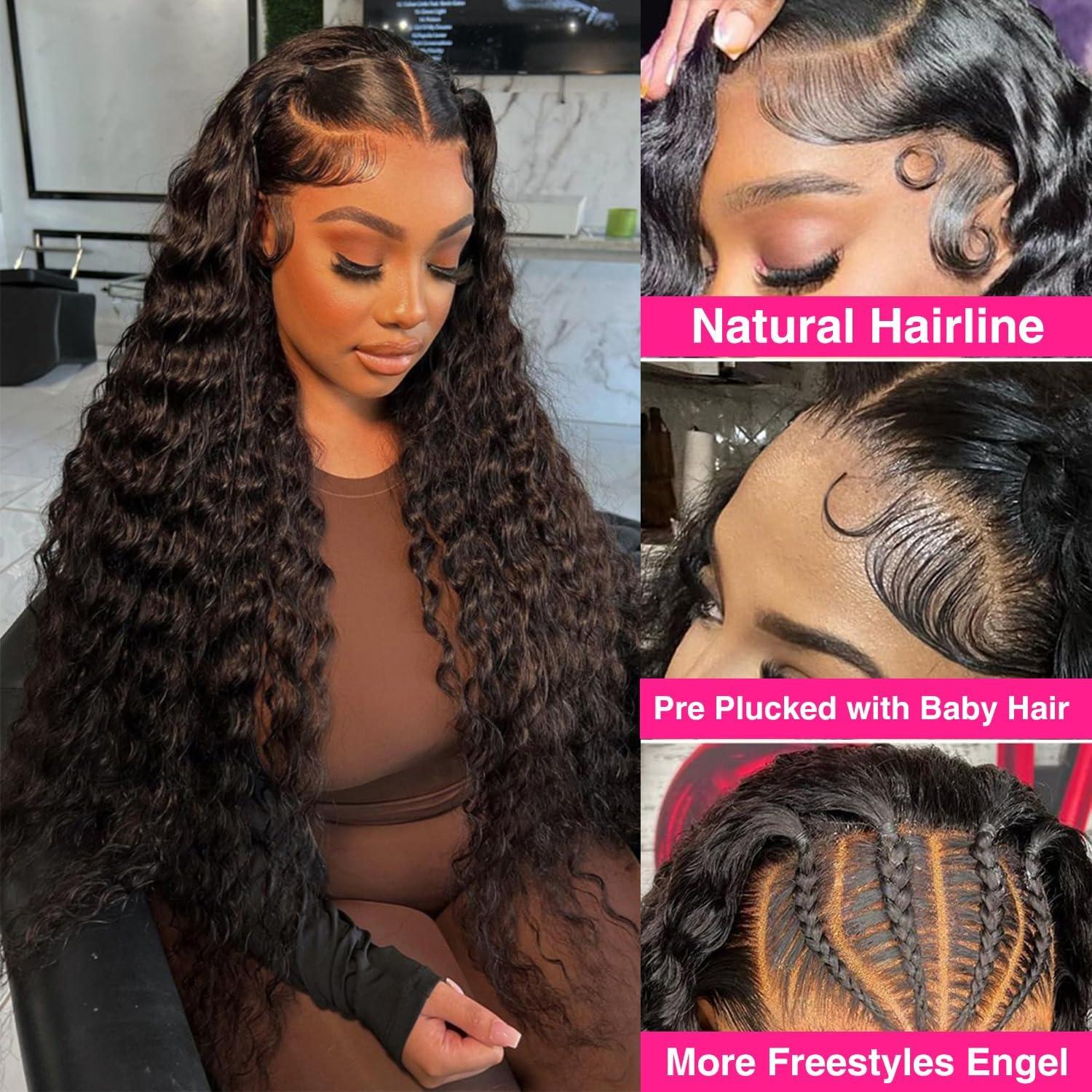 Lysilf 250% Density 13x6 HD Transparent Deep Wave Lace Front Wigs Human Hair for Women Glueless Deep Curly Lace Frontal Wigs Brazilian Virgin Human Hair Wigs Pre Plucked with Baby Hair (Natural Color,30Inch)