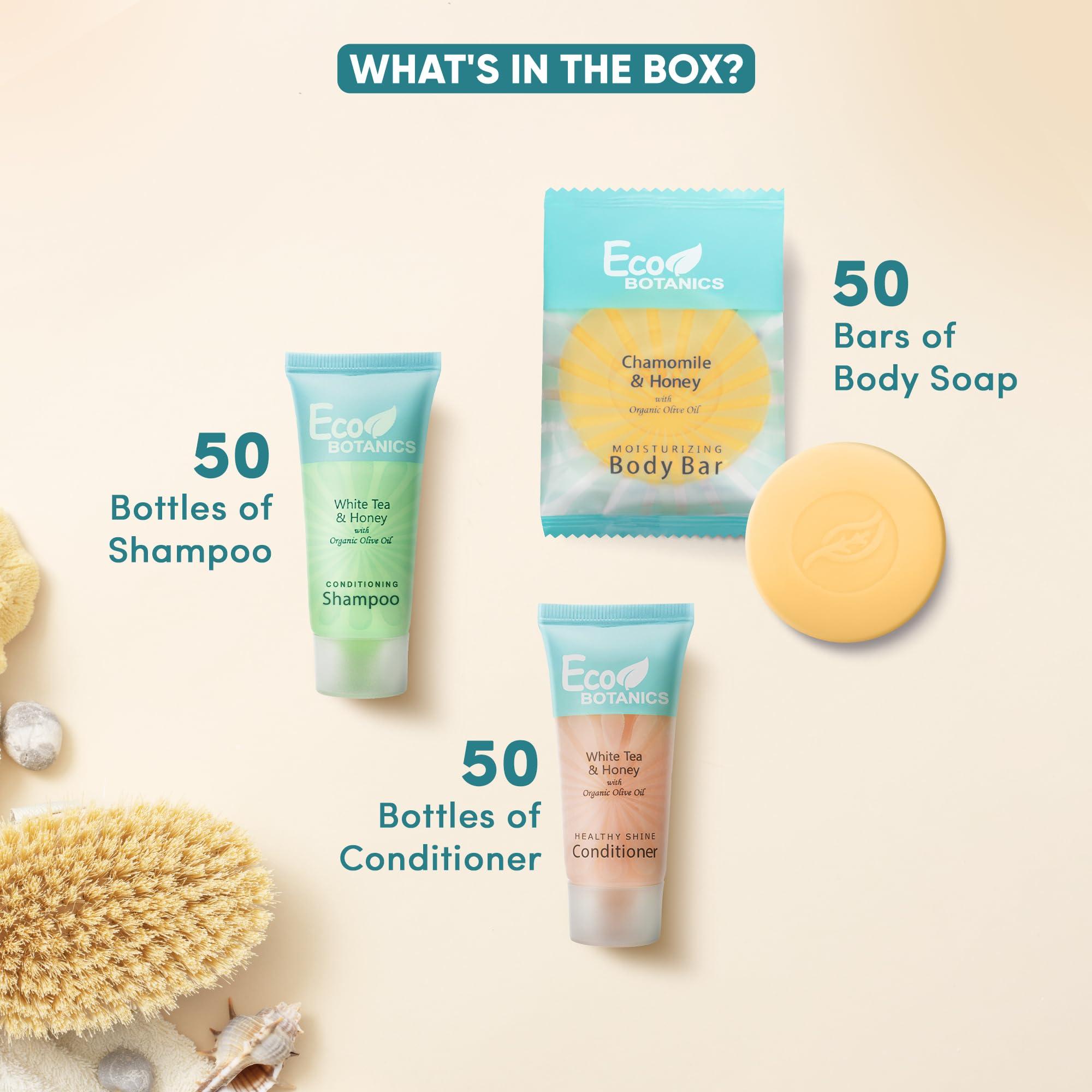Eco Botanics Eco Botanics Soaps & Toiletries Bulk Set | 1-Shoppe Amenities Kit for Hotels & Vacation Rentals | 0.85 oz Shampoo & Conditioner, 0.89 oz Bar Soap | Travel Size | 150 Pieces