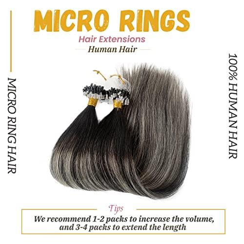 Smavida Ombre Black Hair Extensions Micro Loop Human Hair,Balayage Ombre Off Black to Grey Silver Remy Human Hair Extensions Ombre Long Straight Micro Ring Hair Extensions for Women 50g 1g/strand