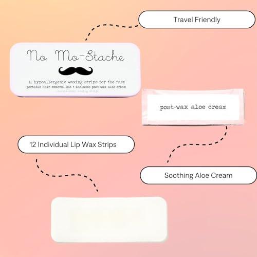 No mo-stache No Mo-Stache Wax Strips for Hair Removal, 12 Count - Hypoallergenic All Skin Types - Facial Hair Removal For Women - Travel Friendly Wax Strips For Lip, Brows, Chin, Face + Post Wax Aloe Cream