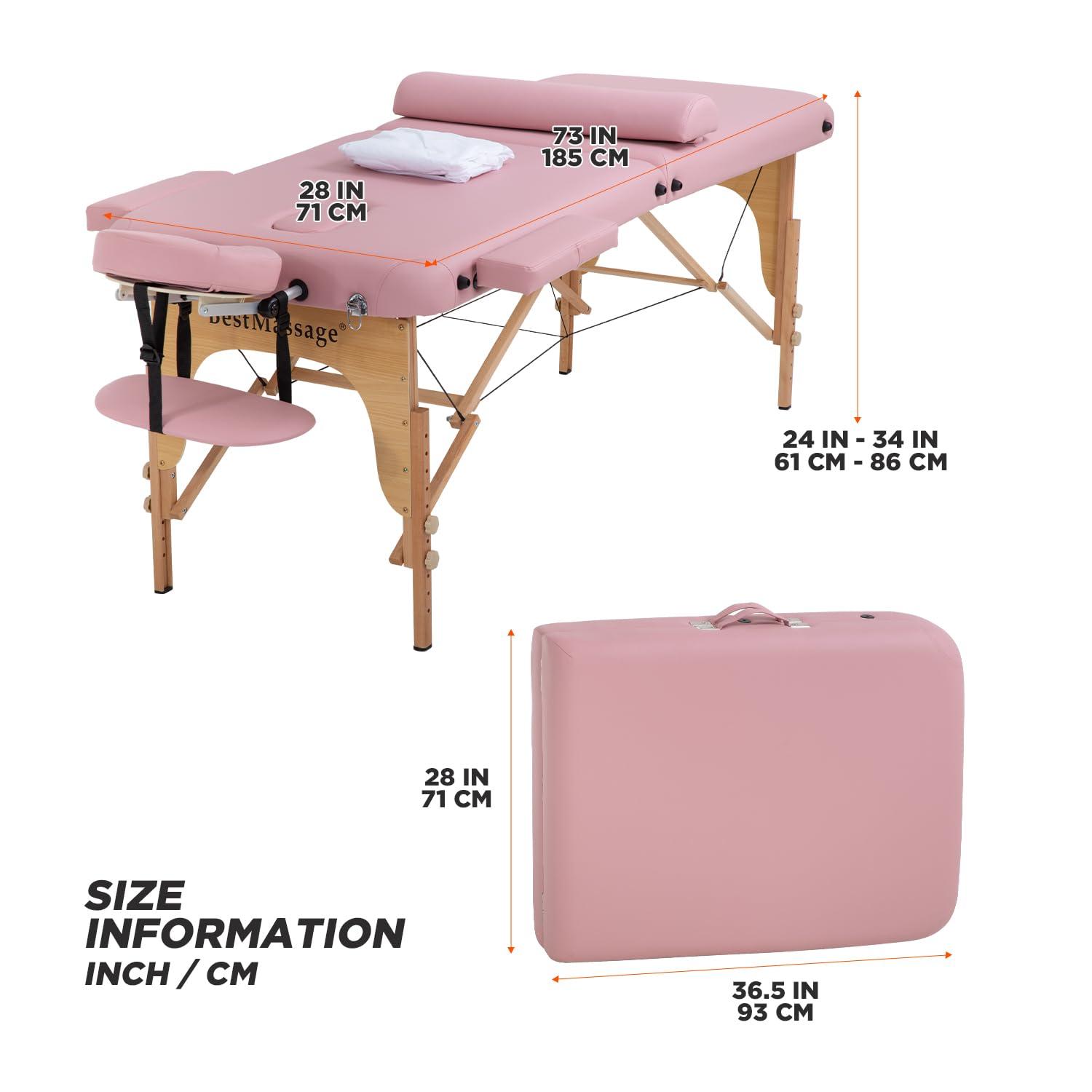 Dopinmin Dopinmin Massage Table Massage Bed SPA Bed 2 Fold Heigh Adjustable 73" Portable Salon Bed for Home Massage club Bolsters Sheets Carry Case,Pink