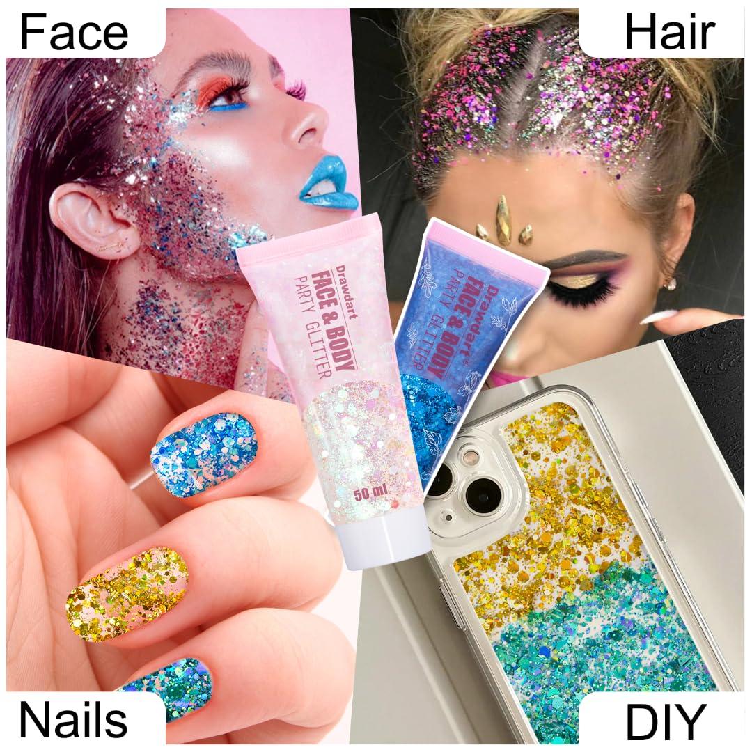 Drawdart Drawdart Face & Body Glitter - Cosmetic - Grade Red Holographic Glitter Gel,Face Body Hair Chunky Festival Rave Accessories Makeup 50ml,Glitter Sequin for Women Kids