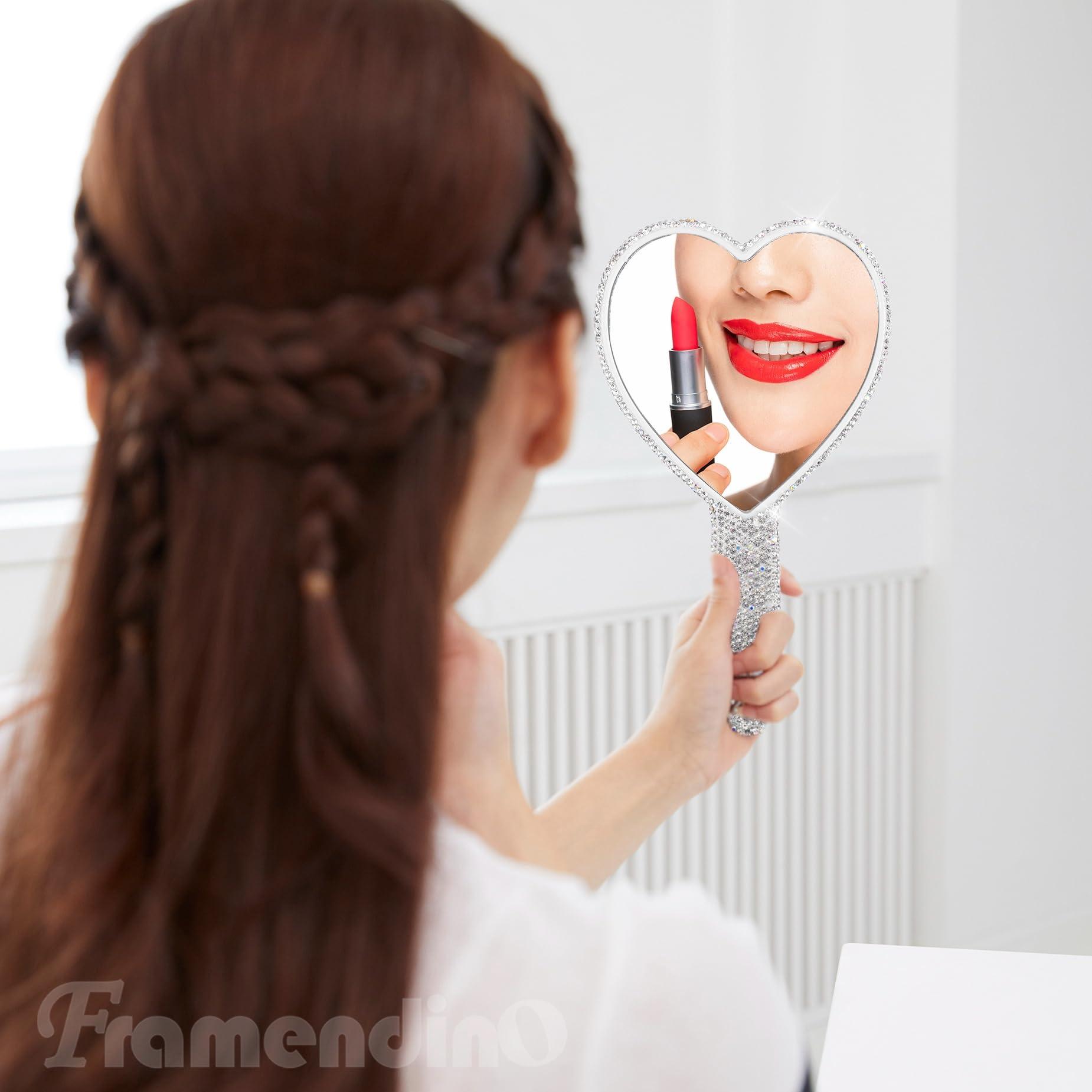 Framendino Framendino, 1 Pack Large Bling Handheld Mirror Heart Rhinestone Glitter Cosmetic Dazzling Portable Hand Mirrors with Handle for Women Wedding White Silver