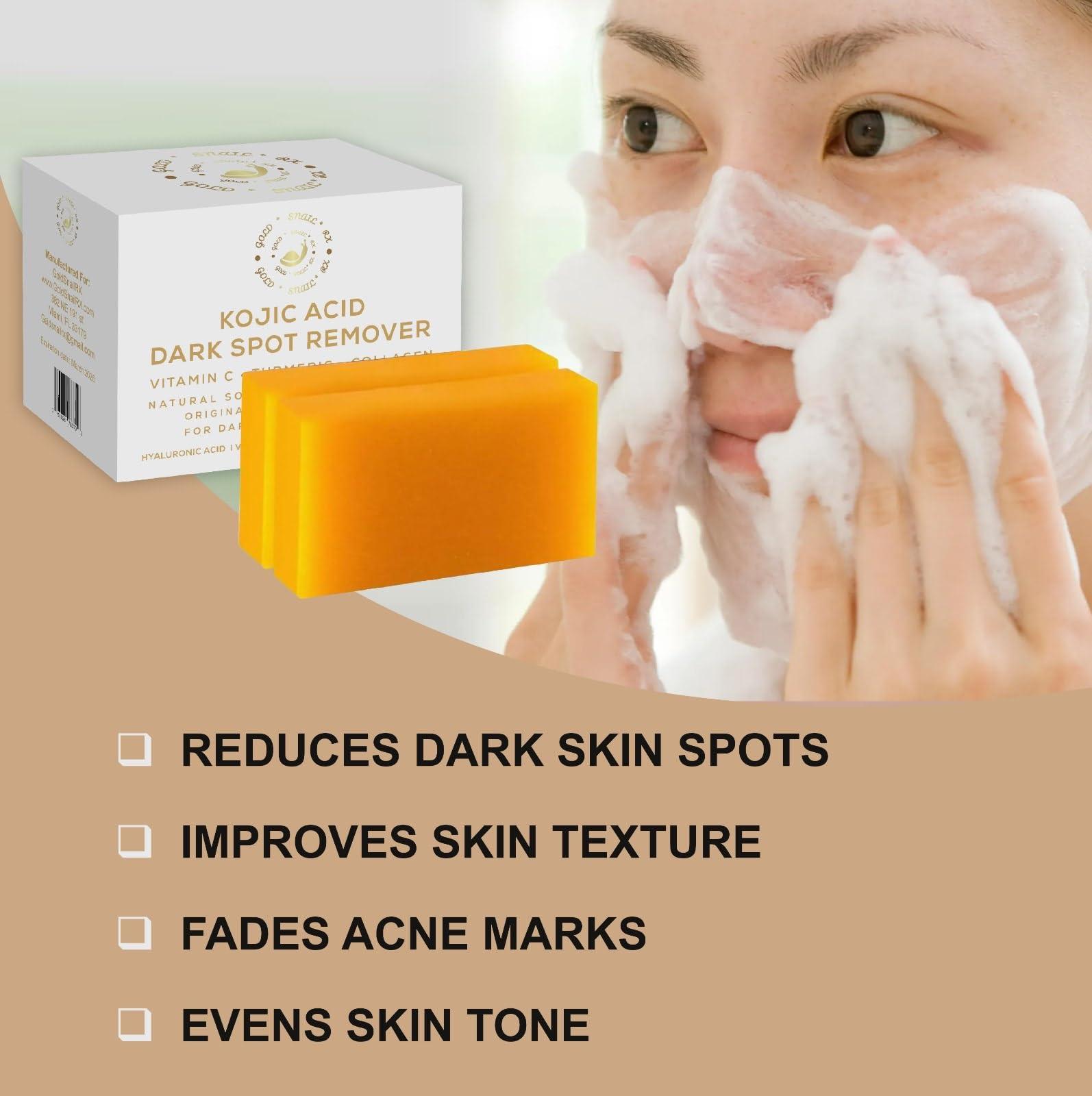 GoldSnailRX GoldSnailRX KOJIC ACID SOAP Original Dark Spot Remover (PACK OF 2 W/BAG) Authentic Kojic Acid Soap For Body Whitening-Kojic Acid Soap with Vitamin C,Tumeric, infused w/Hyaluronic Acid,Shea Butter