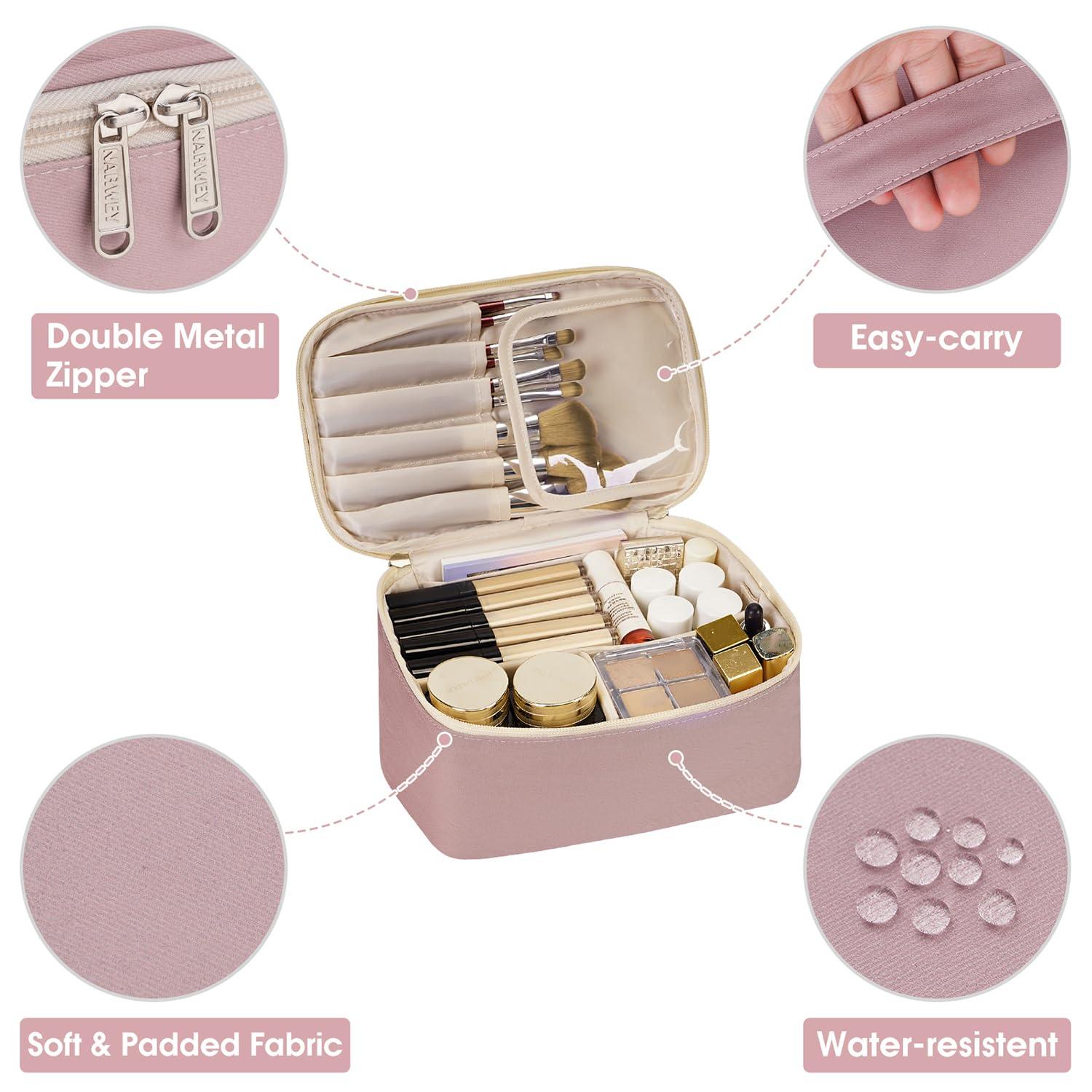 Narwey Narwey Travel Makeup Bag with Brush Compartments, Portable Cosmetic Bag, Make up Bag Makeup Organizer Case with Brush Storage for Women (Dusty Rose-1)