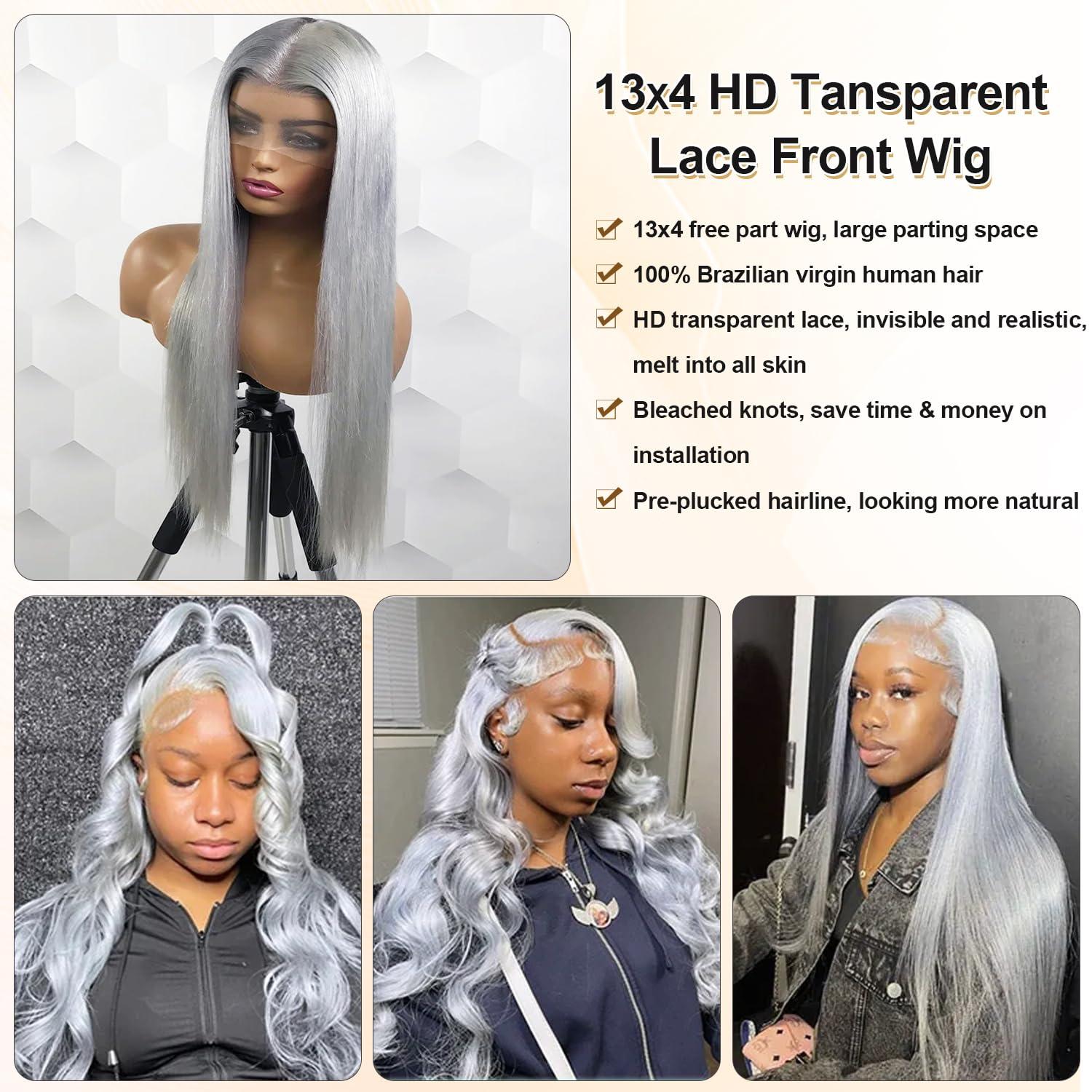Benafee Grey Lace Front Wigs Human Hair 13x4 HD Transparent Lace Front Wigs for Black Women 32 Inch Gray Color Straight Human Hair Lace Frontal Wigs Pre Plucked with Baby Hair True 180% Density Glueless Wig