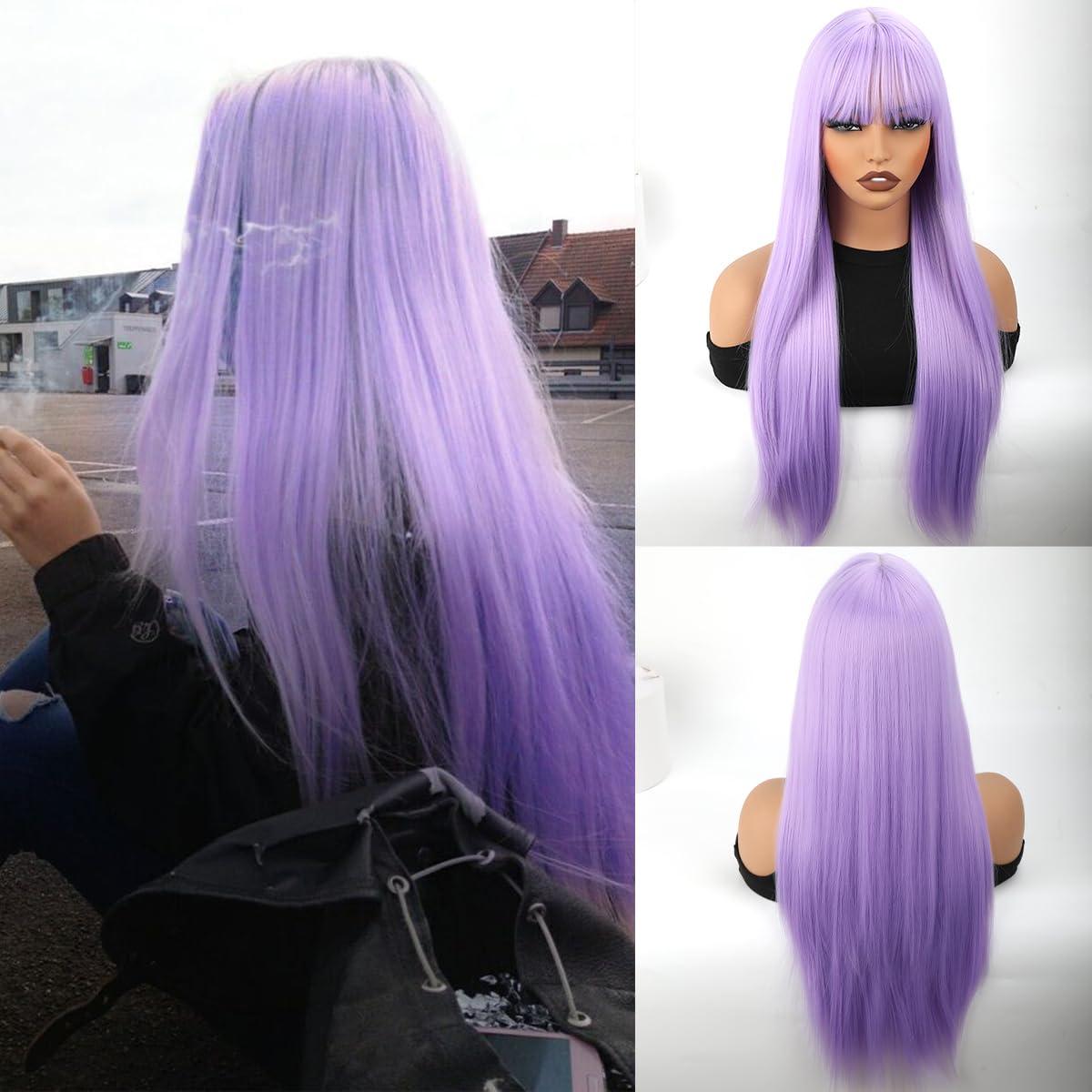 forfeels forfeels Light Purple Wig With Bangs Long Straight Synthetic Wigs For Women 28 Inch Cosplay Wig Synthetic Wig With Bangs Light Purple Synthetic Hair For Halloween And Party