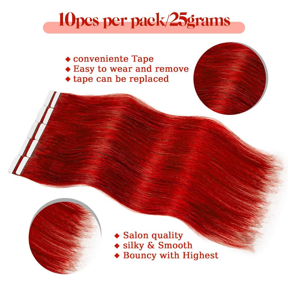 Winsky Winsky 18\" Red Tape in Hair Extensions Human Colored Hair - Glue in Remy Hairpiece 10pcs 25gram 100% Real Human Hair (18\" #Red)
