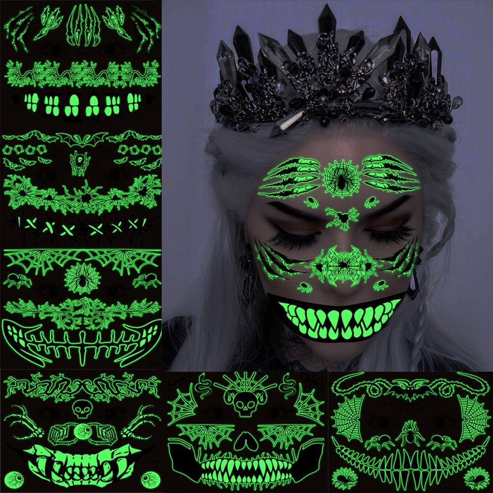 Doneace 10 Sheets Halloween Glow In The Dark Tattoos Face Luminous Temporary Tattoo Waterproof Last Long Glitter Tattoos Stickers Scary Zombie Makeup Kit For Kids Women Girls Boys Adults Party Supplies