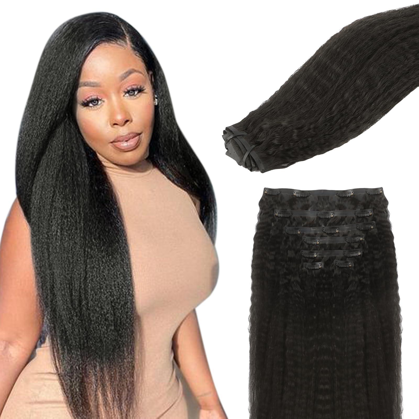 Lashey Lashey Hair Extensions Real Human Hair Kinky Straight 110g Natural Black Hair Extensions Seamless Clip in Human Hair Extensions 20 Inch Natural and Soft Invisi Edge Hair for Women