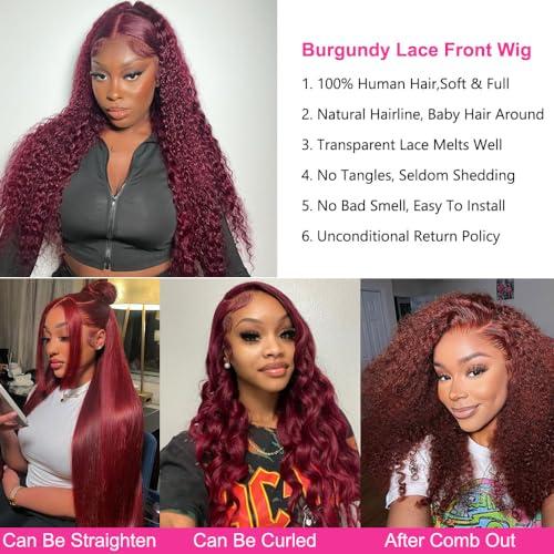Jolanly 28 Inch Deep Wave Curly 99J Burgundy Lace Front Wigs Human Hair Red Colored Human Hair Wig For Black Women13x4 Curly Transparent Lace Front Wig Pre Plucked