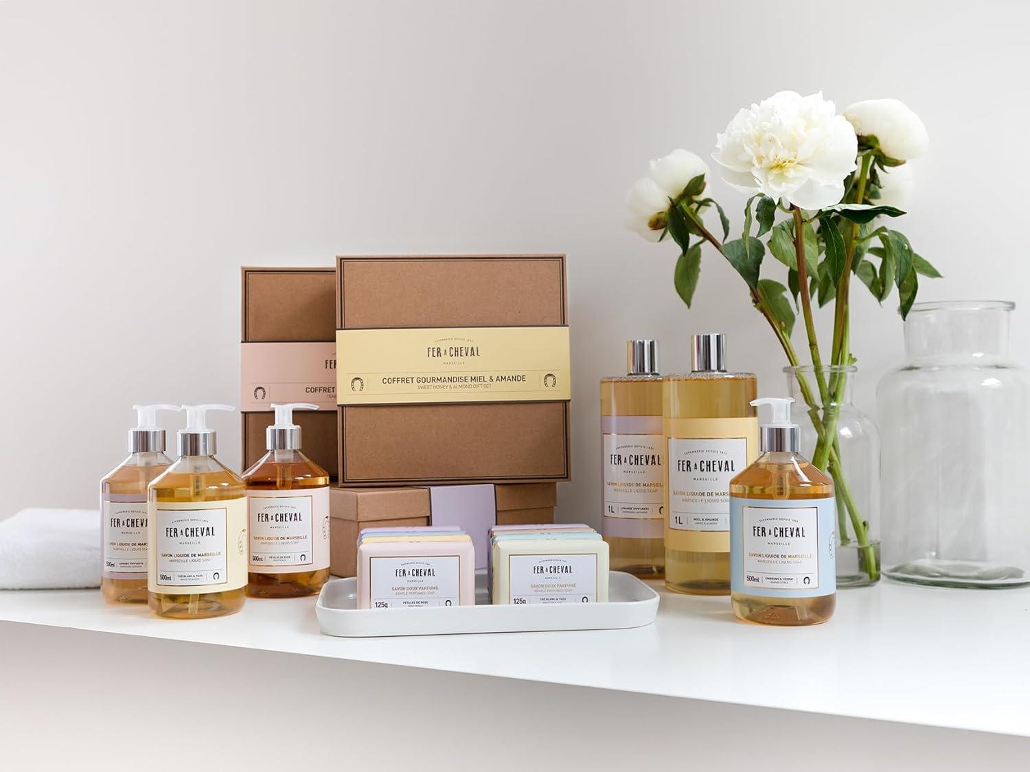 Fer a Cheval Fer Cheval Luxurious Tender Rose Gift Set | Pure Olive Oil Soap 100g/3.53oz, French Hand Cream 30ml/1.01Fl Oz, Moisturizing Bar Soap 125g/4.41oz, Liquid Marseille Soap 500ml/16.9 Fl Oz