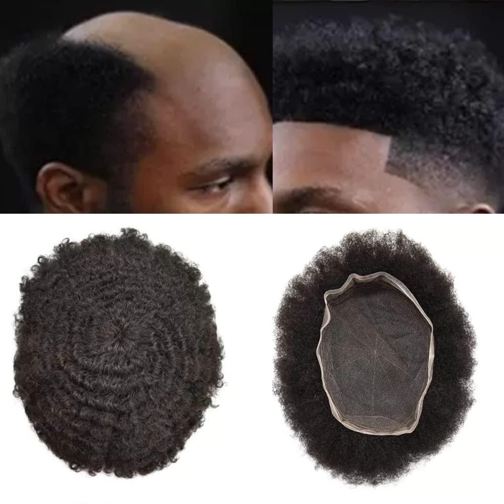 Generic Full Lace Afro Toupee for Black Men Hair Units Kinky Curly Virgin Human Hair Pieces African American Men\'s Hair System Toupee Natural Hairline Man Weave Hair Unit8x10 1B# OFF BLACK-8mm