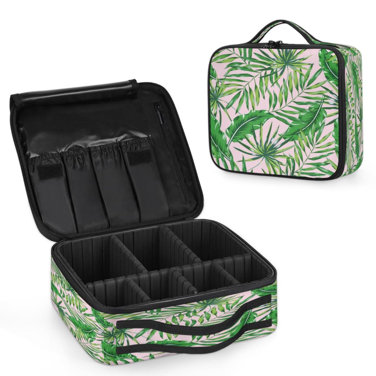 QsirBC QsirBC Makeup Train Case with Adjustable Dividers, Portable Make Up Bag for Women, Toiletry Bag for Men with Waterproof Brush Cover, Palm Tree Leaves Travel Makeup Organizer Makeup Box