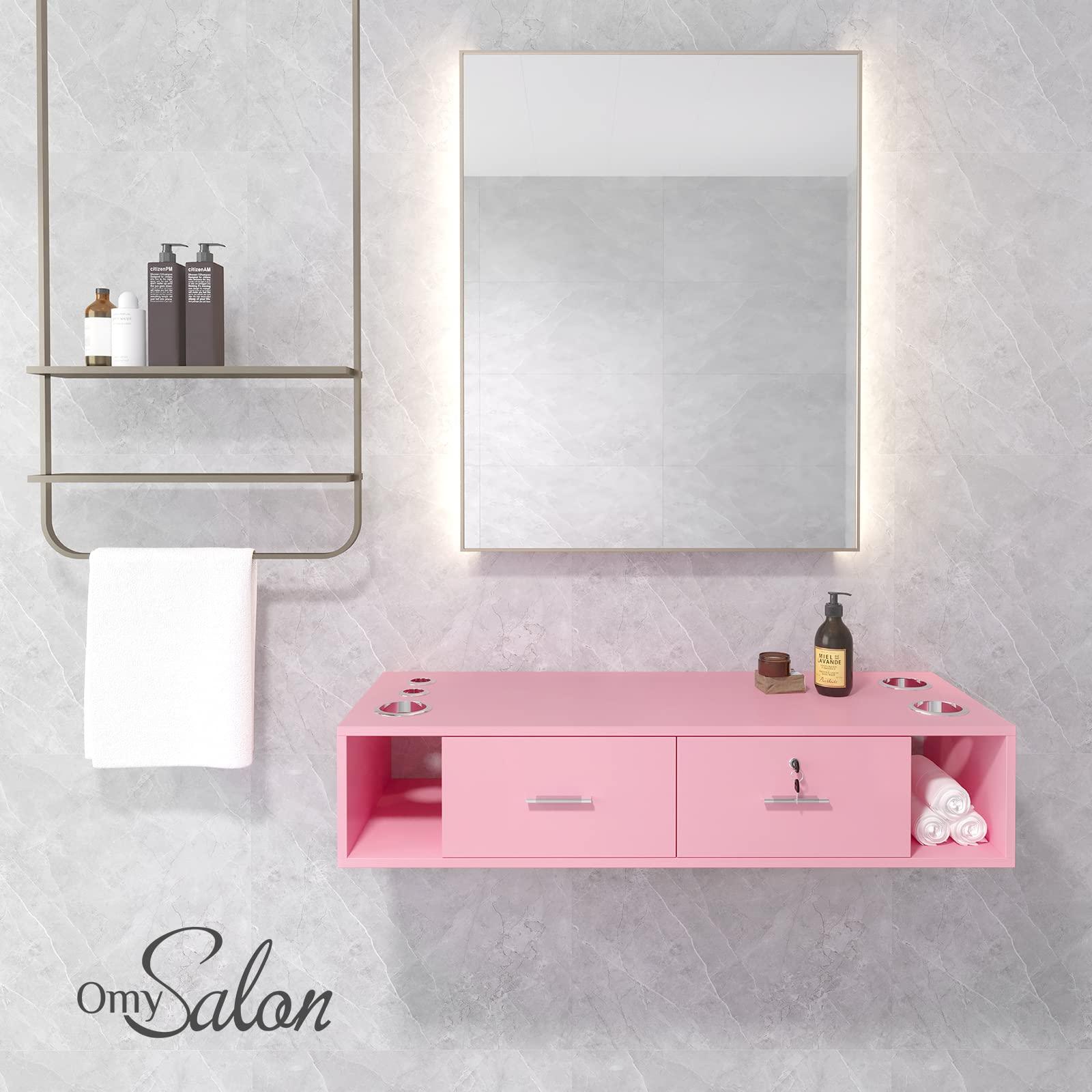 OmySalon OmySalon Locking Wall Mount Styling Station, Beauty Barber Spa Equipment, Salon Cabinet Station for Hair Stylist,Bathroom Dresser with 5 Hair Dryer Holders,Pink