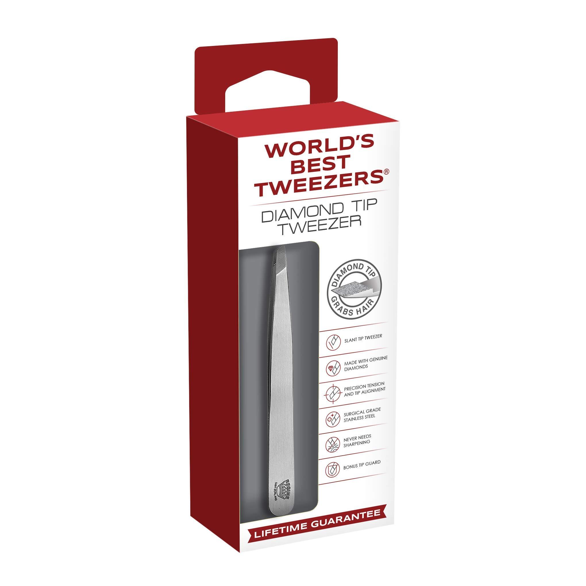 Regine Switzerland World\'s Best Tweezers Diamond Tip - Diamond Coated Slant Precision Tweezer for Eyebrow, Facial & Ingrown Hair Removal - Suitably Aligned Stainless Steel Tool Grabs Hair from the Root