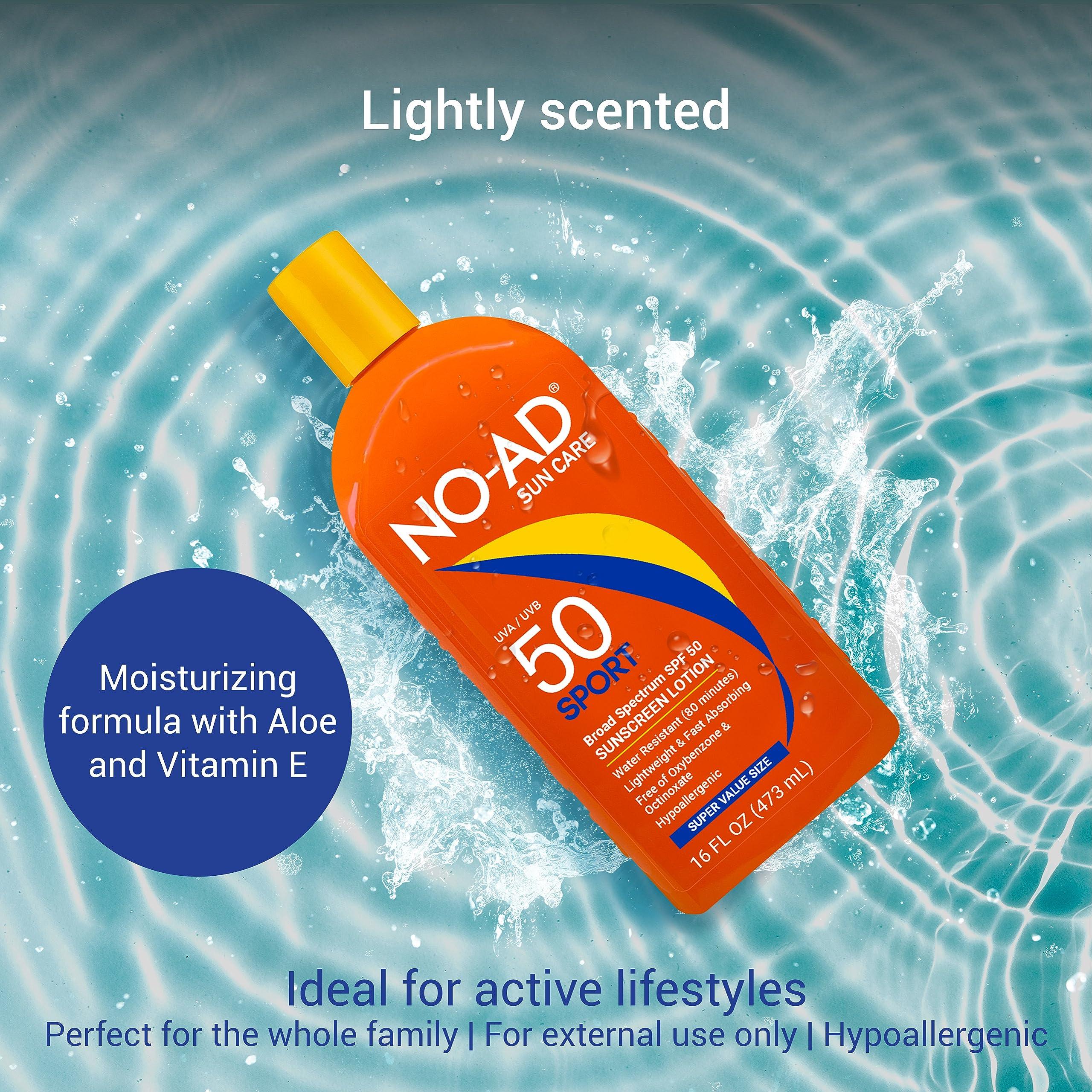 NO-AD NO-AD SPF 50 SPORT Sunscreen Lotion | Hypoallergenic | Broad Spectrum UVA/UVB Protection | Water Resistant | Octinoxate & Oxybenzone Free with moisturizing Vitamin E and Aloe 16oz