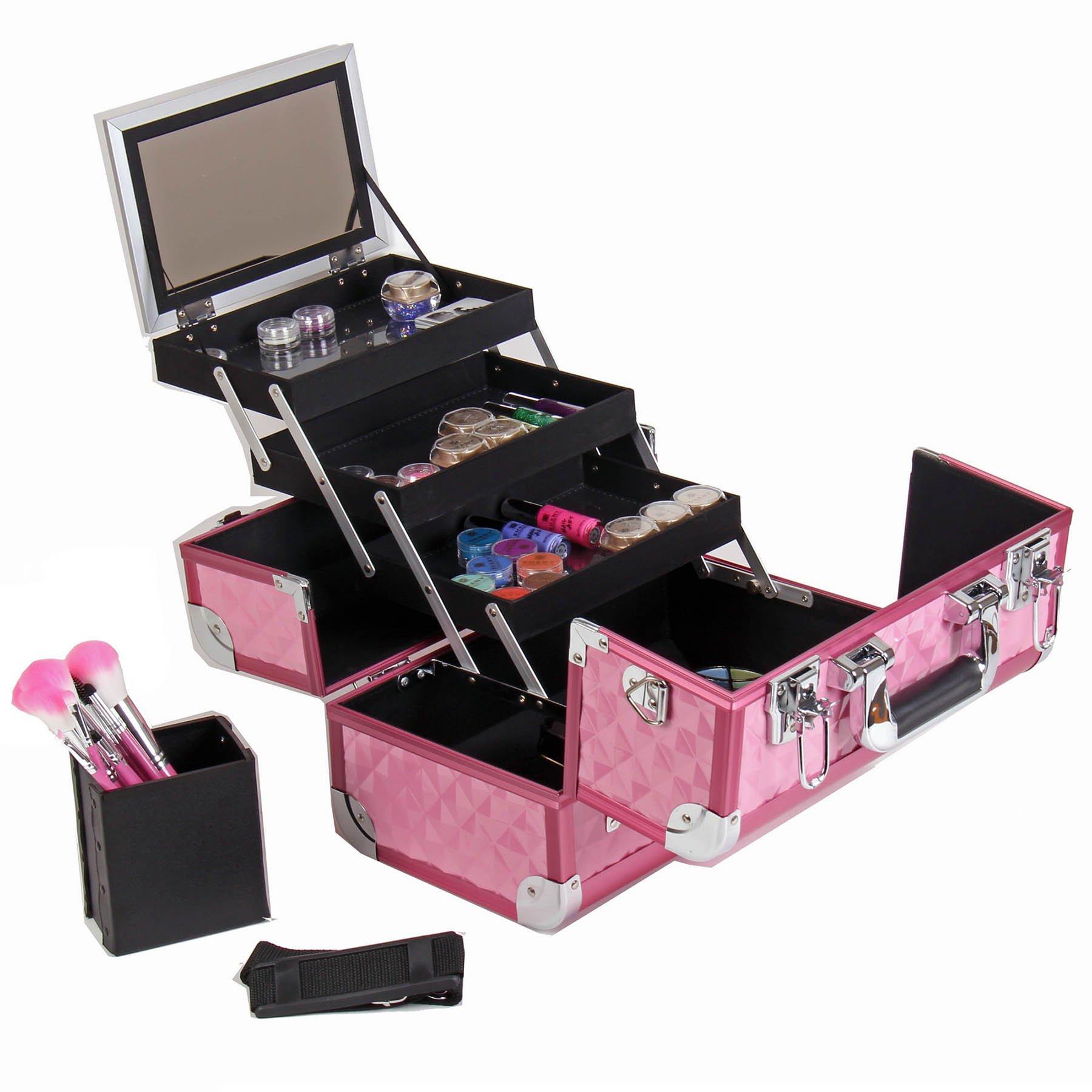 SHANY SHANY Premier Fantasy Professional Makeup Train Case Cosmetic Box Portable Makeup Case Organizer Jewelry storage with Locks, 3 Trays, Makeup Brush Holder and Cosmetics Mirror - Pink Diamond