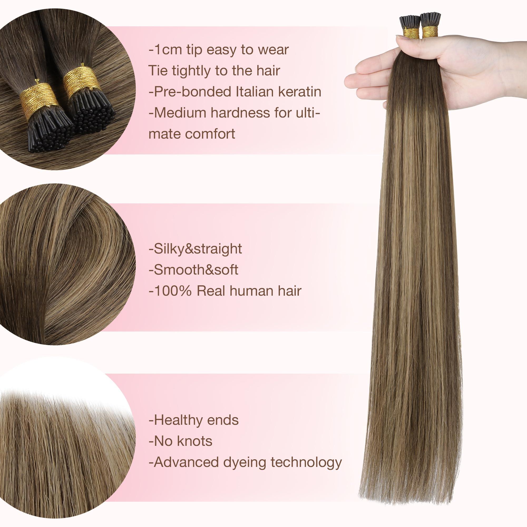 GOO GOO GOO GOO I Tip Hair Extensions Real Human Hair, 14inch 50g 100S, Cold Fusion I Tip Hair Extensions, Invisible Remy Hair Extensions, 4/26/4 Balayage Chocolate Brown to Honey Blonde