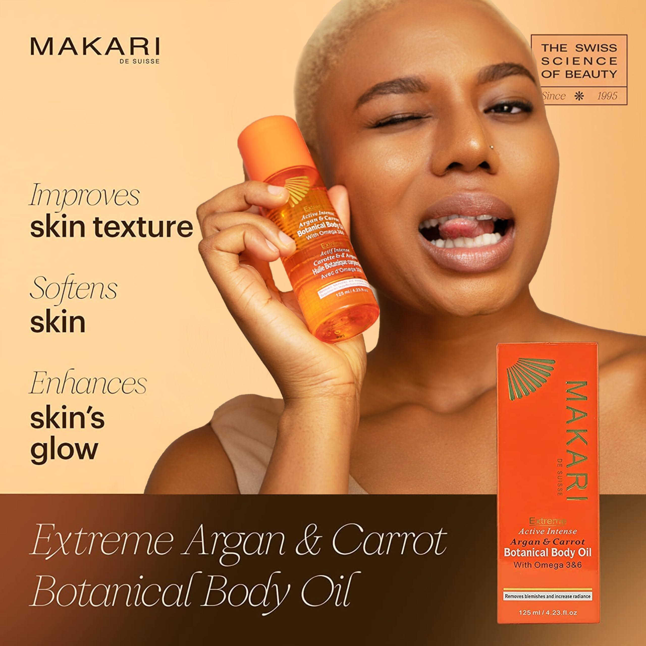 MAKARI MAKARI Extreme Active Intense Skincare Trio | Argan & Carrot Oil Exfoliating Soap, Botanical Body Oil, and Tone-Boosting Body Glycerin | Brightens, Hydrates, and Fades Marks for All Skin Types Except