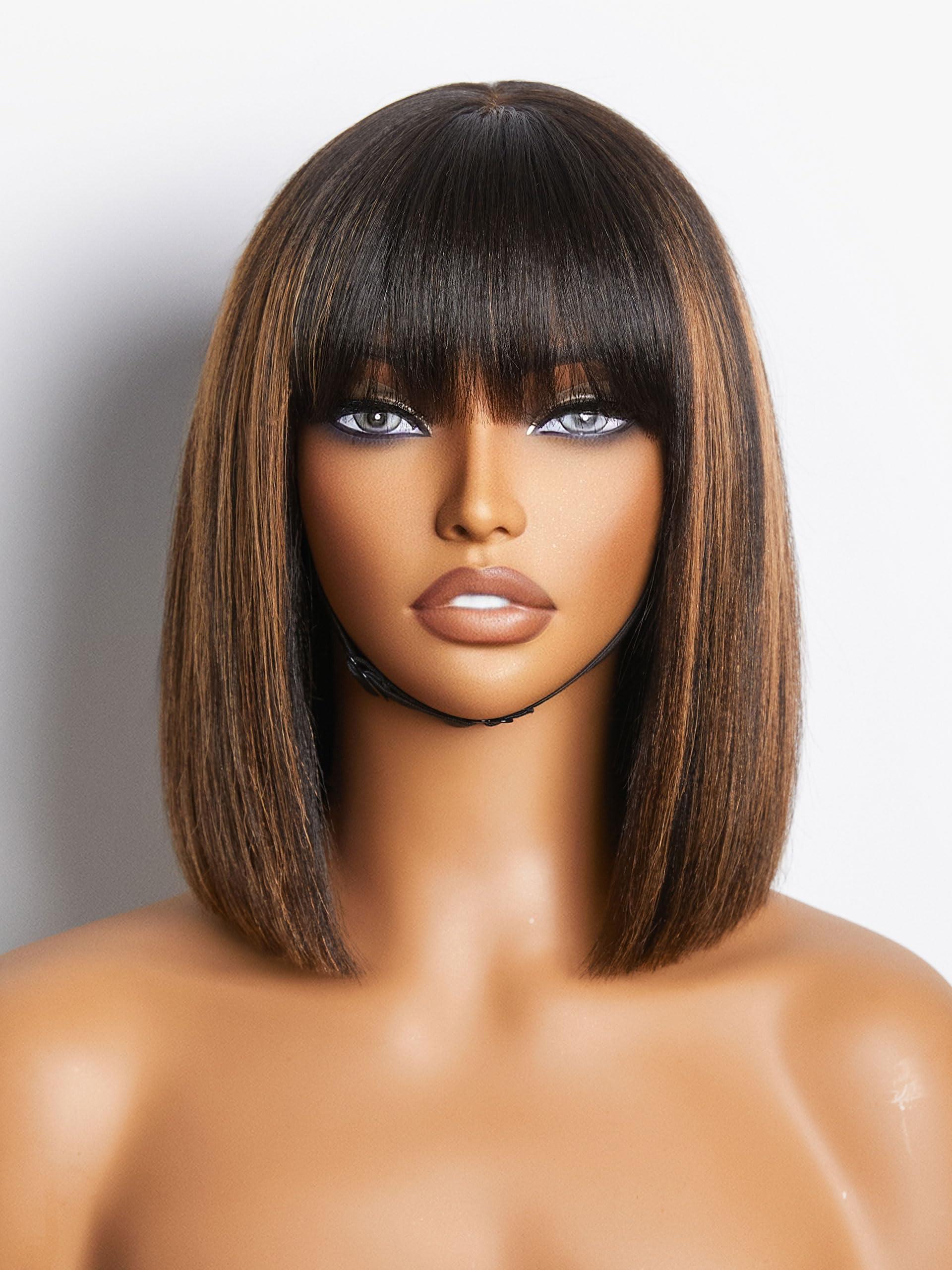 LUVME HAIR LUVME HAIR 10 Inch Yaki Straight Bob Wig with Bangs Human Hair Glueless HD Lace Bob Wig with Brown Highlights, Ready to Go Short Wigs For Women 180 Density (Breathable Cap)