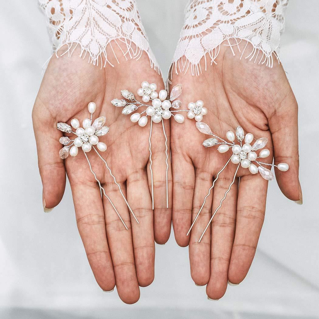 Unicra Unicra Silver Bride Wedding Hair Pins Pearl Bridal Hair Pieces Flower Hair Accessories Rhinestone Prom Hair Clips for Women and Girls (Pack of 3)