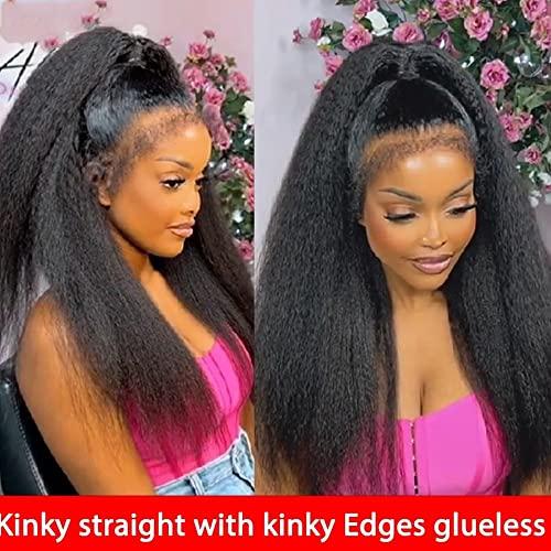 QUINLUX WIGS Curly Baby Hair Kinky Straight Wig 360 HD Invisible Lace Frontal Human Hair Wig Pre Plucked Bleached Knots Kinky Edges Yaki Transparent HD 360 Lace Front Wig Brazilian Full End Glueless Wig 26 inch
