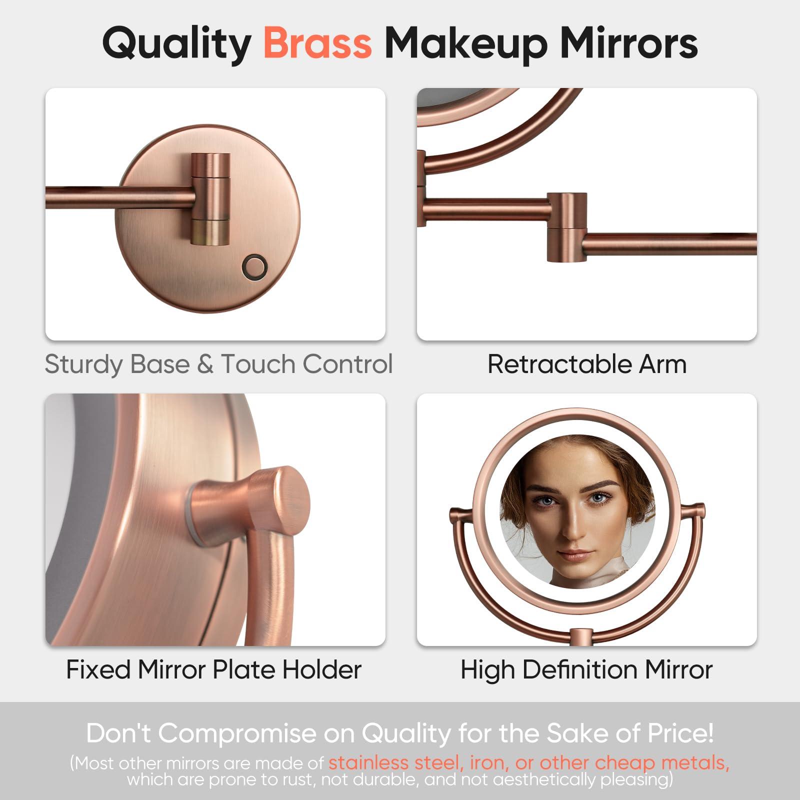 GURUN GURUN Wall Mounted Hardwired Makeup Mirror with 3 Tones Dimmable LED Lights 10x Magnifying Mirror with Touch Control for Bathroom Bedroom 13\" Extendable Arm M1809DB-9x10MR-T(10x,Matte Rose Gold)