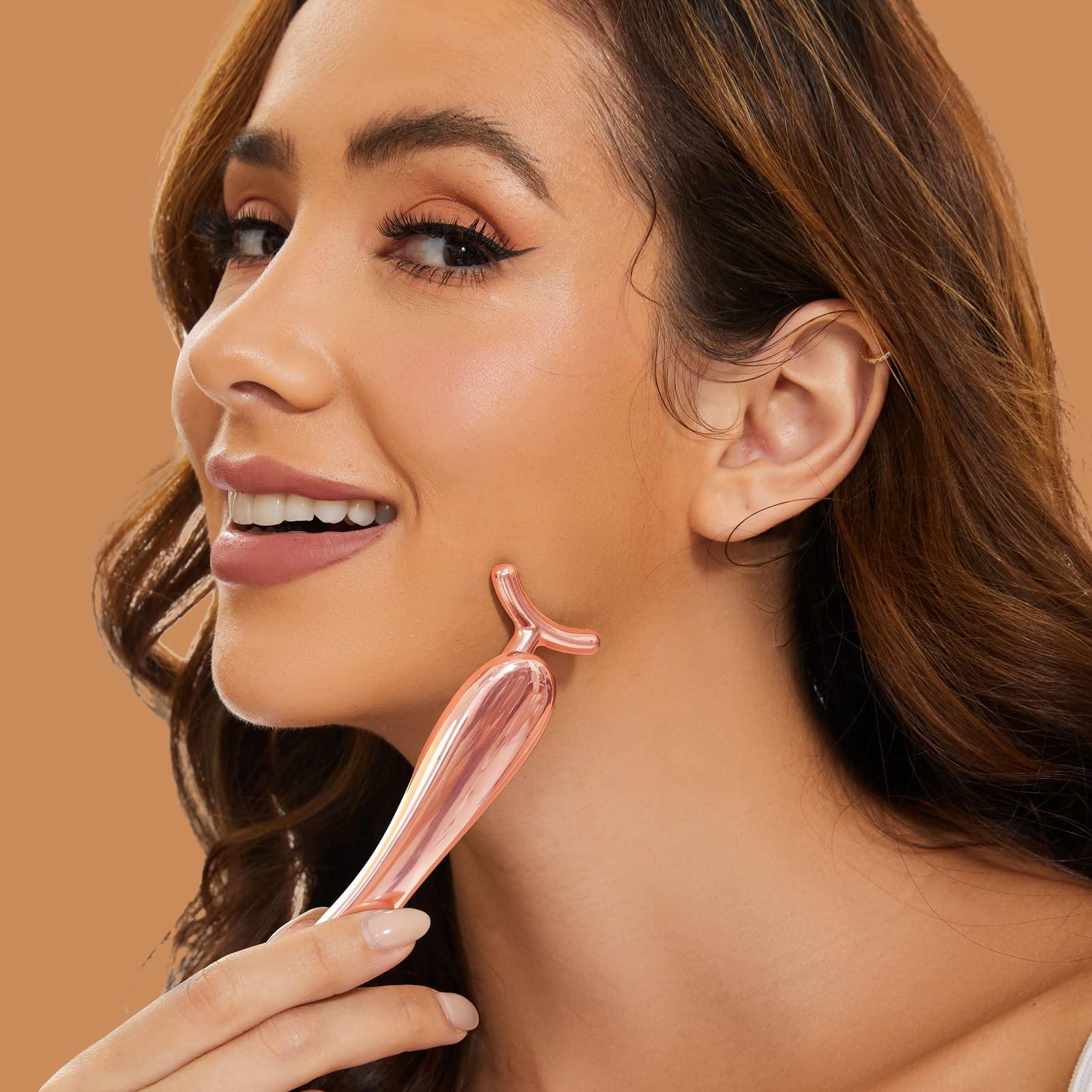 ROMALOVE ROMALOVE Jade Facial Roller, Jade Face Roller Massager with 3 Interchangeable Heads for Women Routine Skin Care, Reduce Puffiness Wrinkling Rejuvenate Skin (Pink Roller + Rose Gold)