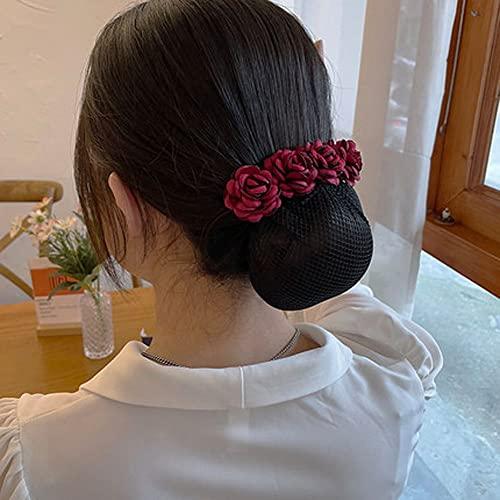 Generic Rose Spring Clip Crochet Bun Net Snood Office Lady Bow Tie Net Pocket Hairpin Clothing Hair Clips (rough net, Red)