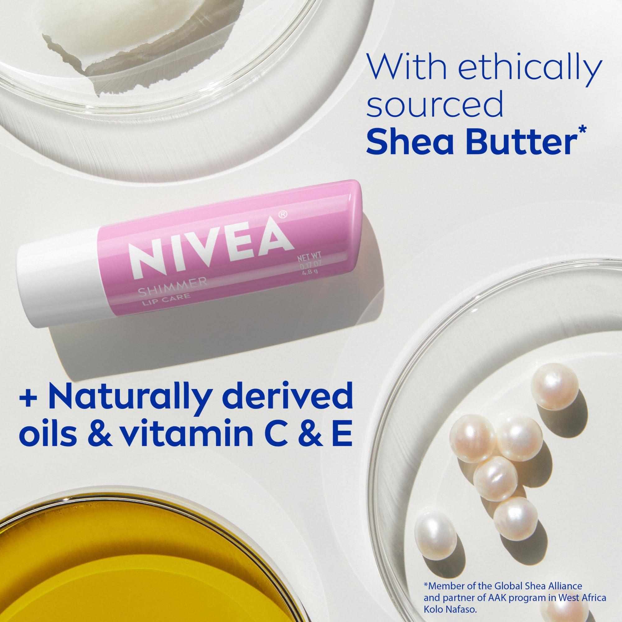 NIVEA NIVEA Shimmer Lip Care, Shimmer Lip Balm with Shea Butter, Nourishing Oils and Vitamin C & E, 3-in-1 Moisture, Repair (for Dry Lips) and Shimmer, 0.17 Oz Stick