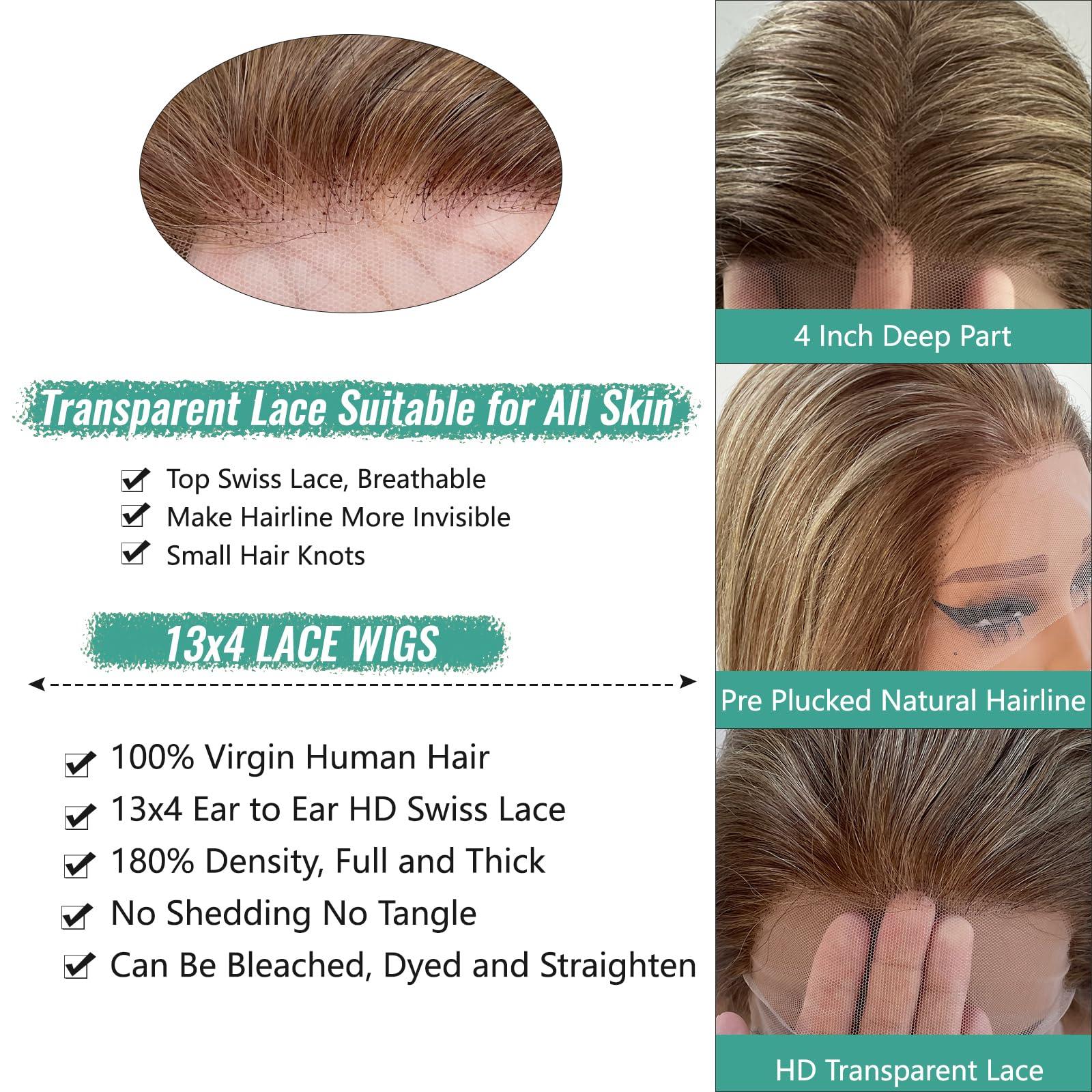 Munx Highlight Straight Lace Front Wigs Human Hair, Pre Plucked Ombre Brown 13x4 HD Transparent Lace Front Wigs Balayage Chestnut Brown Mixed Blonde 180% Density Full Frontal Wigs Long 32in